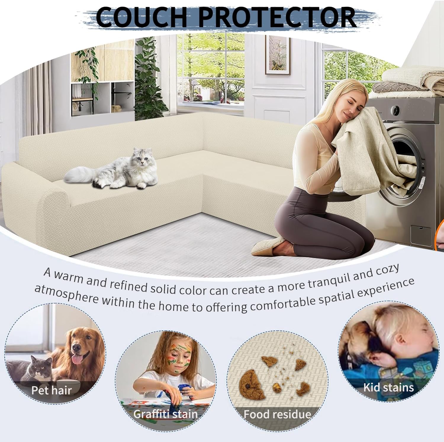 ALIECOM Stretch Corner Sectional Couch Covers L Shape Sofa Covers Washable Sectional Slipcovers U Shape Jacquard Living Room Pet Dogs Furniture Protector with Elastic Bottom (Beige, Large)
