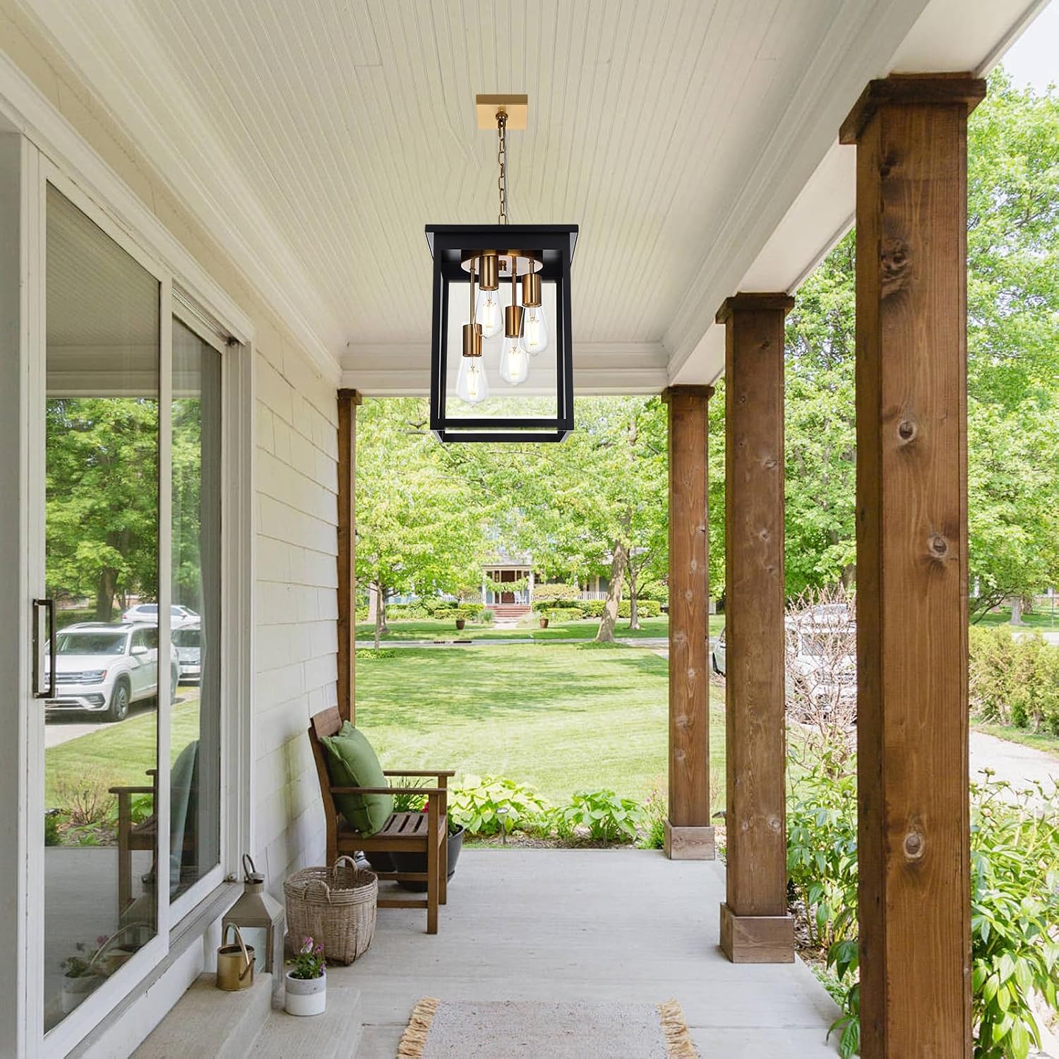 16.7'' Large Outdoor Pendant Light, 4-Lights Black and Brushed Brass Exterior Hanging Porch Chandelier Lantern with Clear Glass, Outdoor Ceiling Light Fixture for Entryway Gazebo Patio