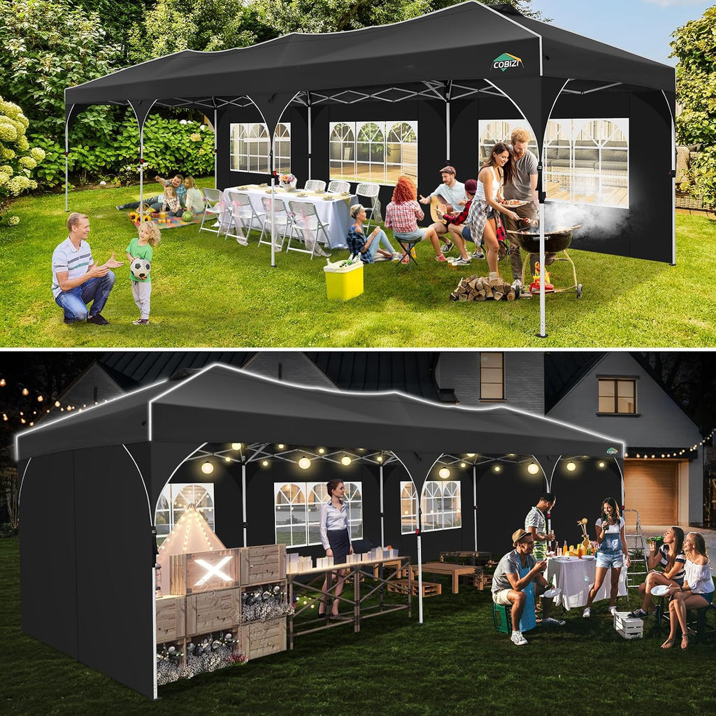 COBIZI 10x30 Pop Up Canopy Tent, Outdoor Party Tent with 5 Sidewalls, 1 Person Easy Set up, Tents for Parties with Fluorescent Strip & 4 Sandbags, Waterproof UPF50+, 3 Adjustable Height, Black