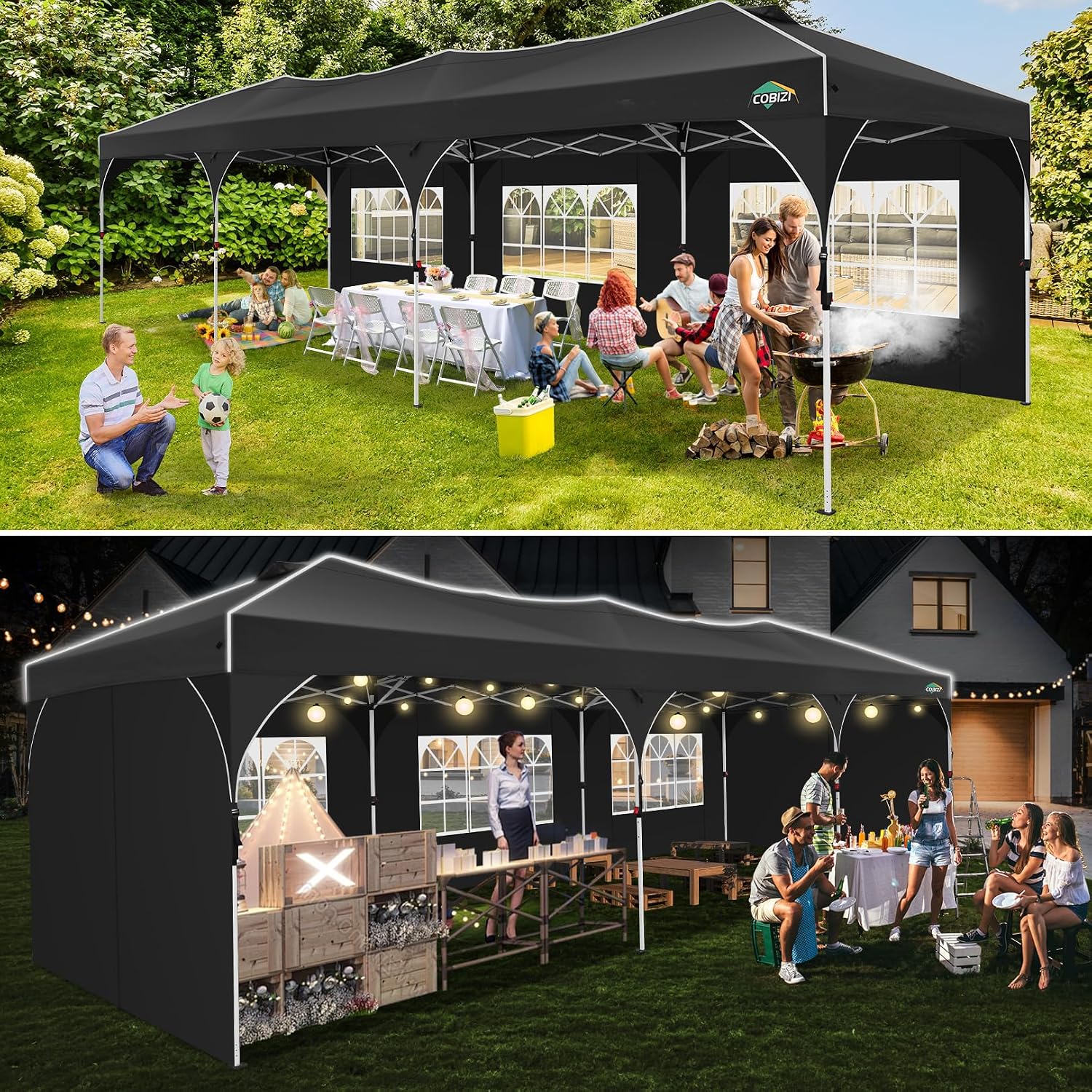 COBIZI 10x30 Pop Up Canopy Tent, Outdoor Party Tent with 5 Sidewalls, 1 Person Easy Set up, Tents for Parties with Fluorescent Strip & 4 Sandbags, Waterproof UPF50+, 3 Adjustable Height, Black