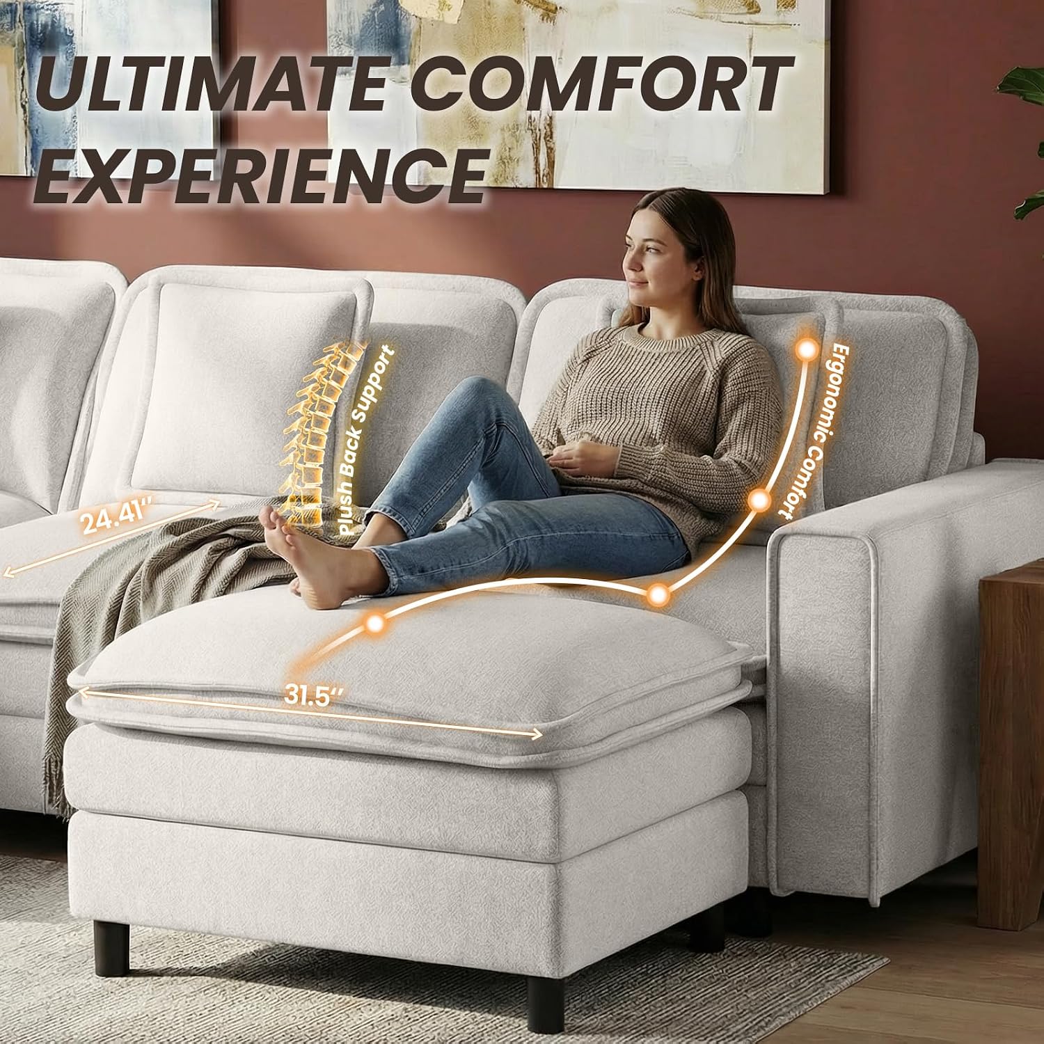 MALOL Modular Sectional Sofa 107', Comfy Cloud Couch with Ottoman, Deep 4-Seat L Shaped Modular Sofa, Couches with Throw Pillows for Living Room, Beige