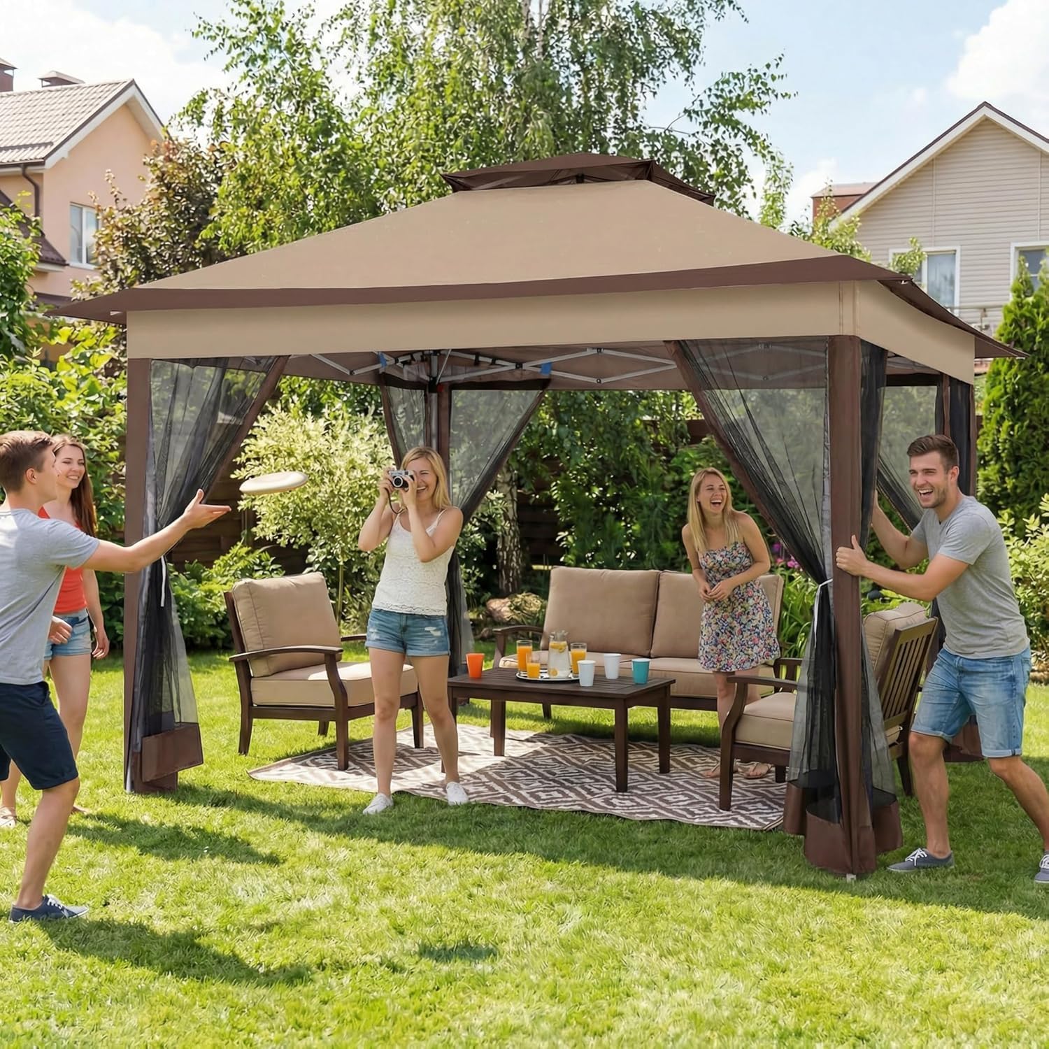 Hoteel 12x12 Pop Up Gazebos On Clearance - Upgrade Easy Up Metal Outdoor Gazebo Waterproof - Portable Gazebo with Mosquito Nettings