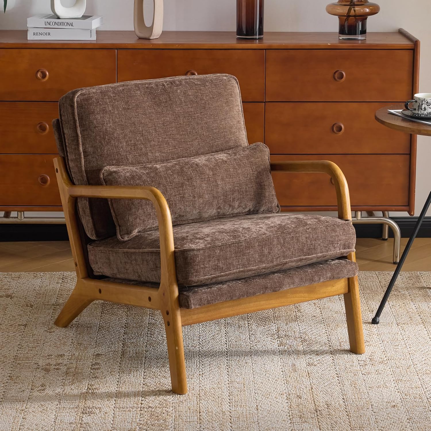 Karl home Mid Century Modern Accent Chair with Lumbar Pillow & Oak Arms – Plush Chenille Living Room Chair for Bedroom, Lounge (Brown)