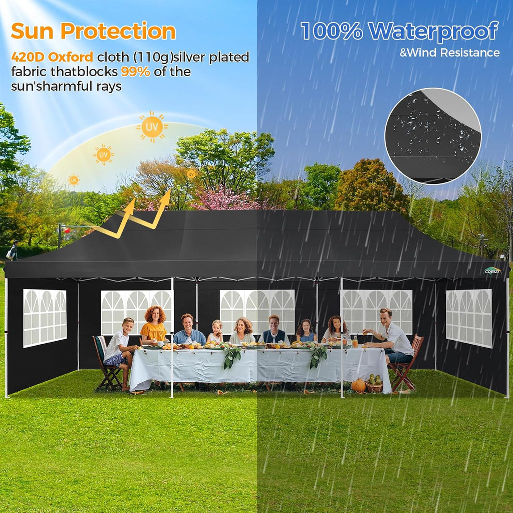 COBIZI 10x30 Pop up Canopy with Roller Bag & 8 Removable Sidewalls, Canopy Tent for Parties, Wedding, and Commercials, Waterproof and Instant Shelter UV50+ Outdoor Gazebo with 4 Sandbags(Pure Black)