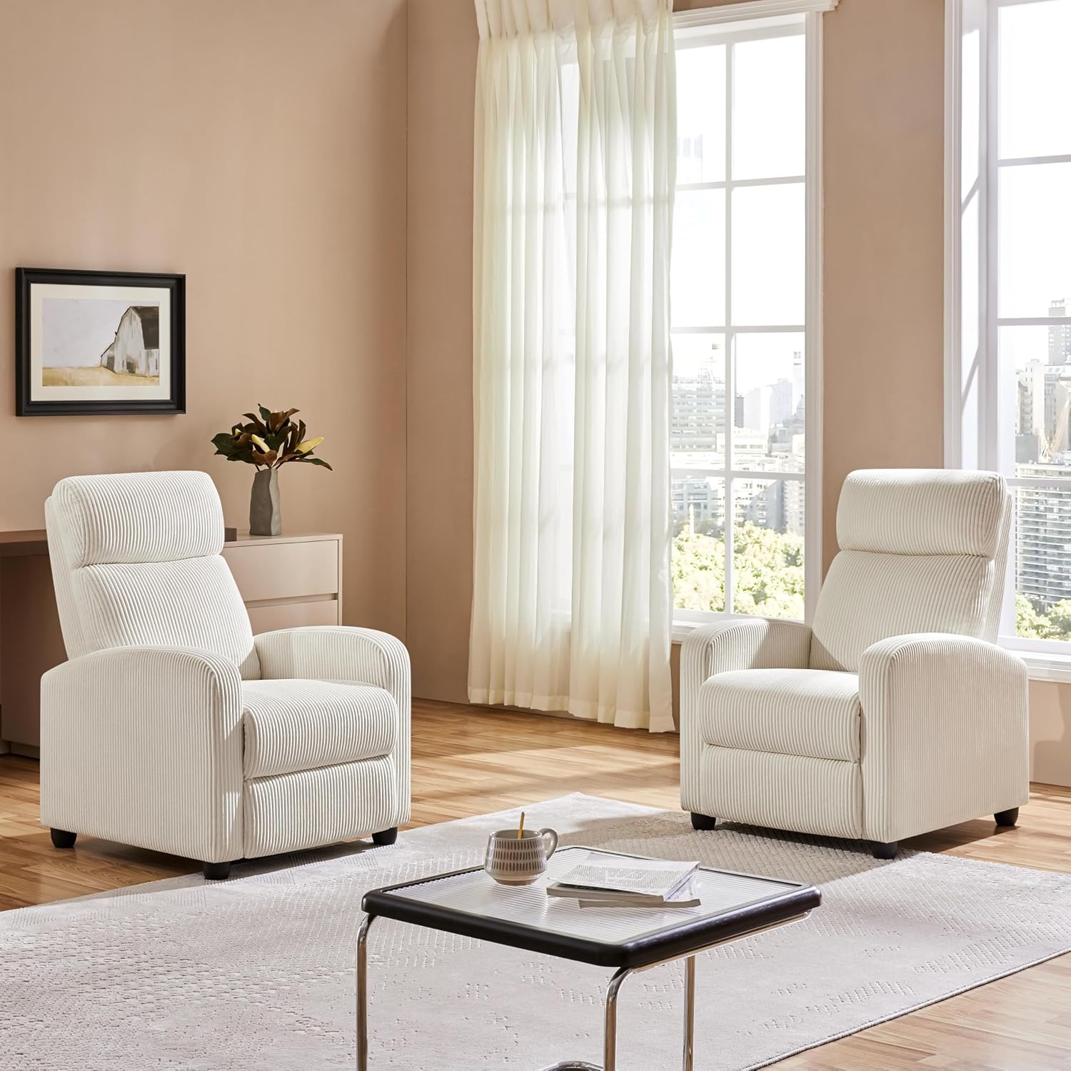 Yaheetech 2-Seat Corduroy Pushback Recliner Chair Living Room Chair with Thick Seat Cushion and Backrest Reclining Chair for Living Room Beige