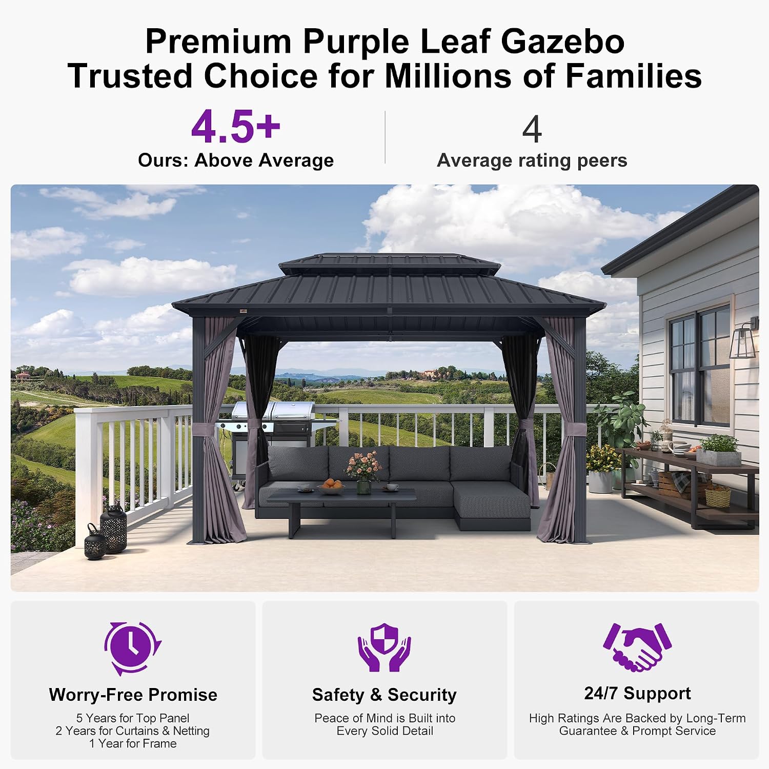 PURPLE LEAF 08'x12' Hardtop Outdoor Patio Gazebo with Lights UV Protected Aluminum Double Roof Galvanized Steel Frame Includes Netting and Curtains for Deck Garden Backyard Grey