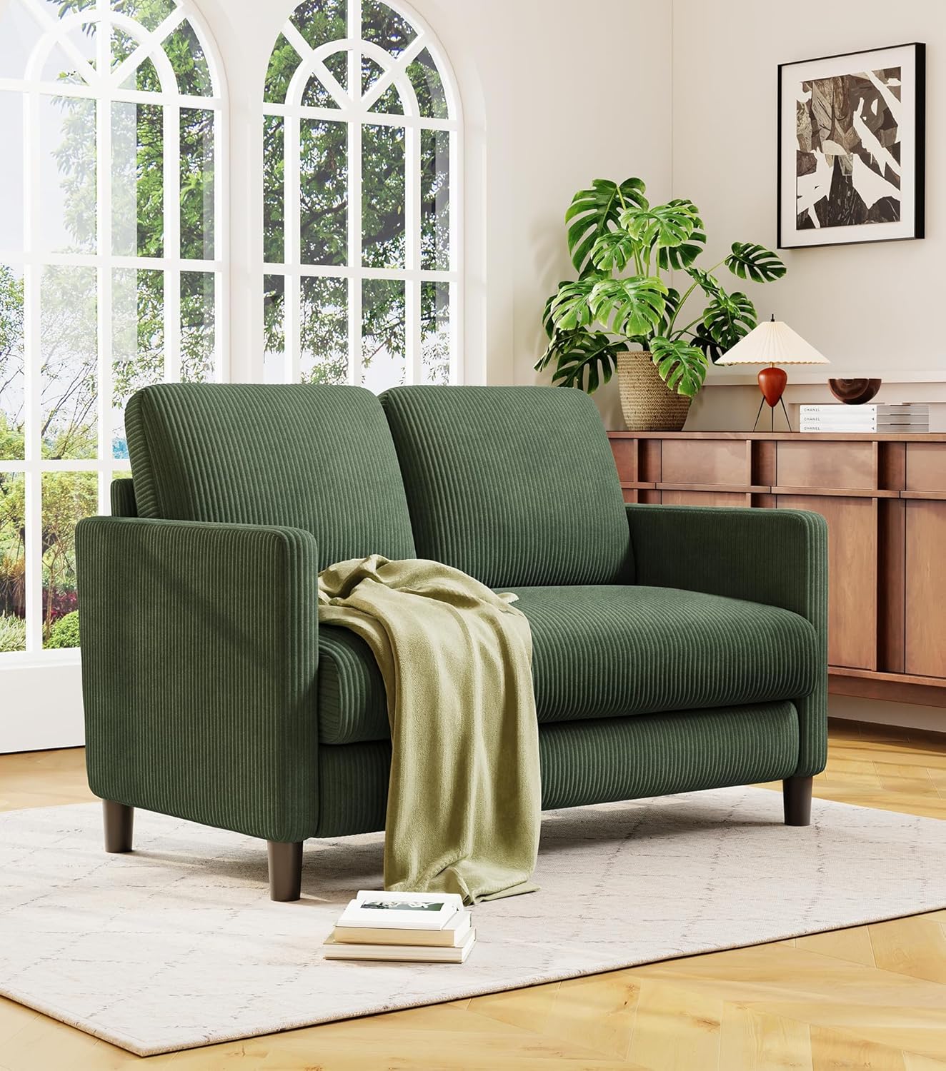 Welzona Loveseat Sofa, 51' Love Seat, Comfy Corduroy Small Loveseat for Small Spaces, Tool-Free Setup Couch for Bedroom, All-Wood Couches for Living Room, Green