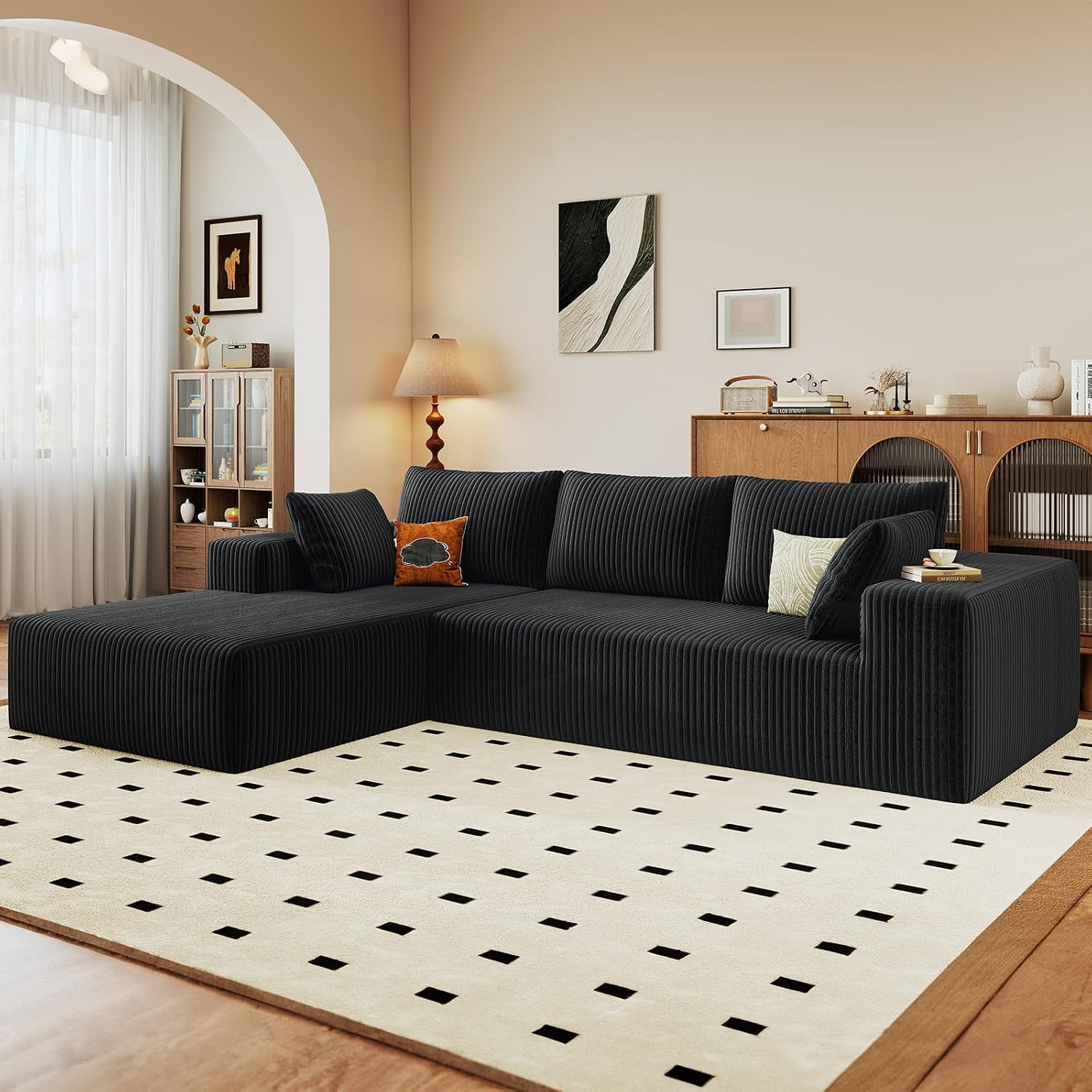 96' Modular Sectional Sofa, Modern Corduroy Cloud Couch with Deep Seat, Boneless Couch Upholstered 3-Seater L-Shaped Sofa for Living Room, No Assembly Required (Black, Left-Facing Chaise)