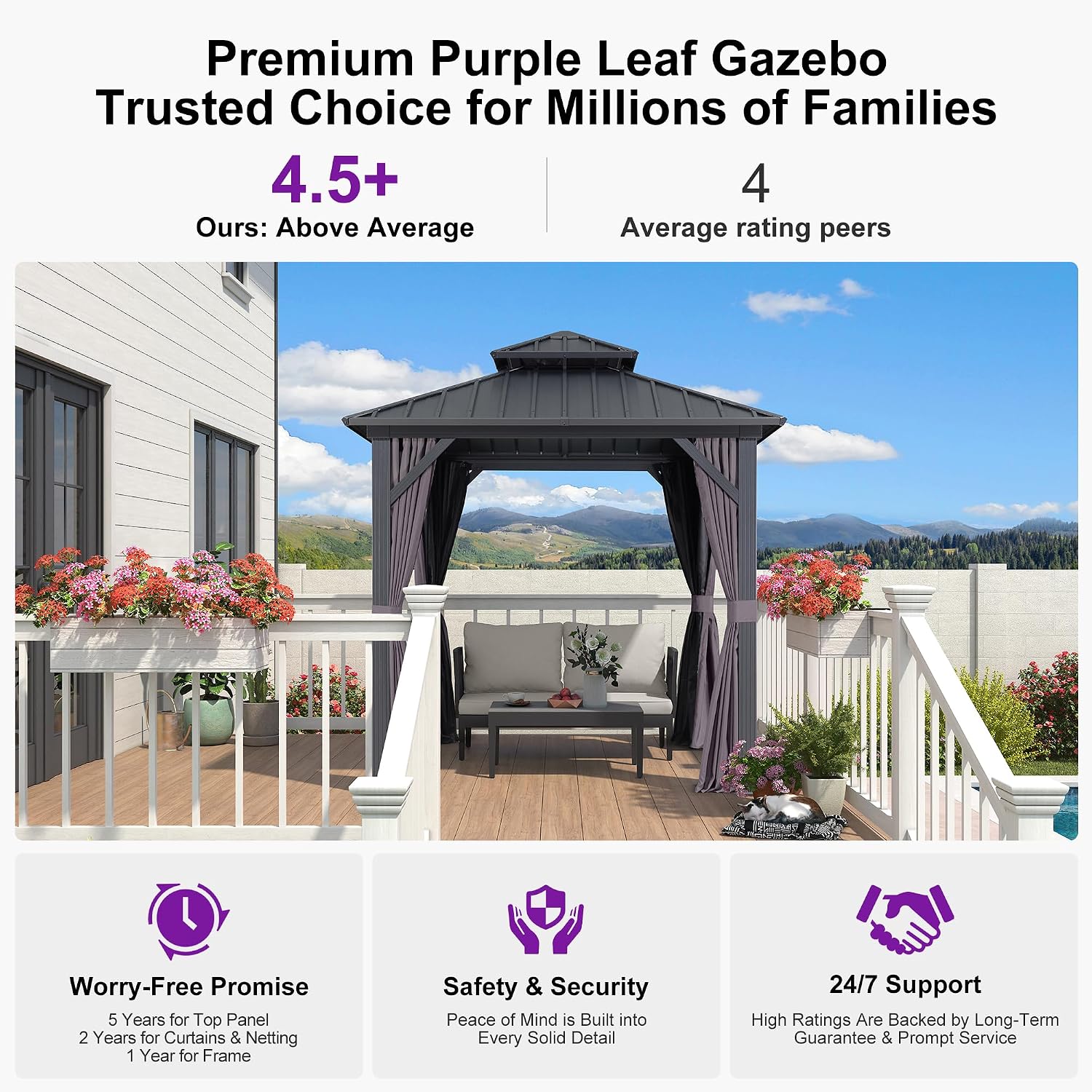 PURPLE LEAF 8'x8' Hardtop Gazebo with Lights All-Weather Galvanized Steel Double Roof Outdoor Patio Garden Gazebo Including Netting and Curtains Grey