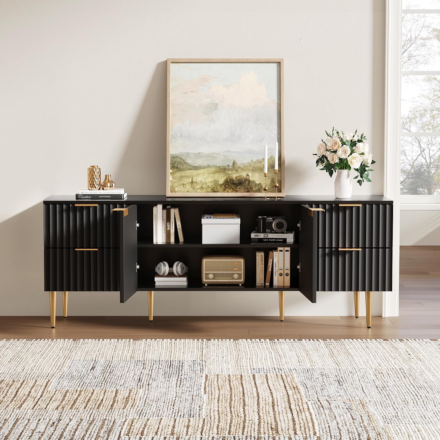 SICOTAS TV Stand for 55/60/65/70 Inch TV - 62 Inch TV Stands for Living Room Entertainment Center with 4 Drawers, Fluted Modern TV Media Console Television Cabinet for Bedroom (Black,1 Piece)