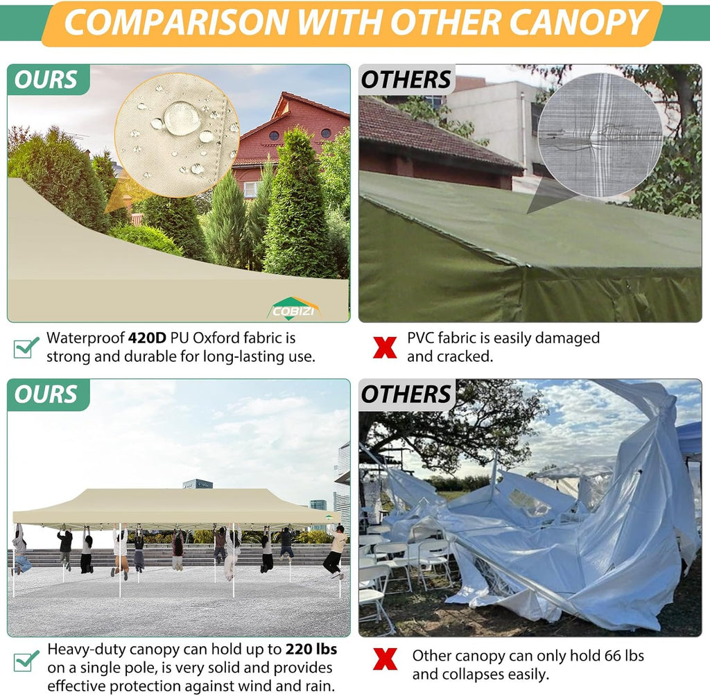 COBIZI 10x30 Pop Up Canopy with Sidewalls, Heavy Duty Canopy with Mosquito Netting, Easy up Screen Party Tents for Parties Backyard Outdoor Commercial Event Gazebo with Roller Bag, Sandbags, Khaki