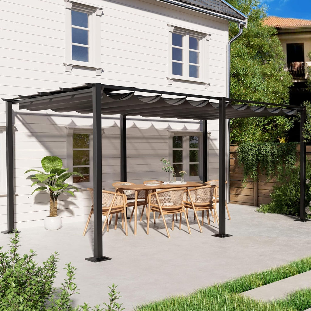 HAPPATIO 12' X 16' Outdoor Pergola Retractable Pergola Canopy for Deck, Backyard, Patio, Aluminum Frame with Sun Canopy, Includes Ground Studs and Expansion Screws (Grey)