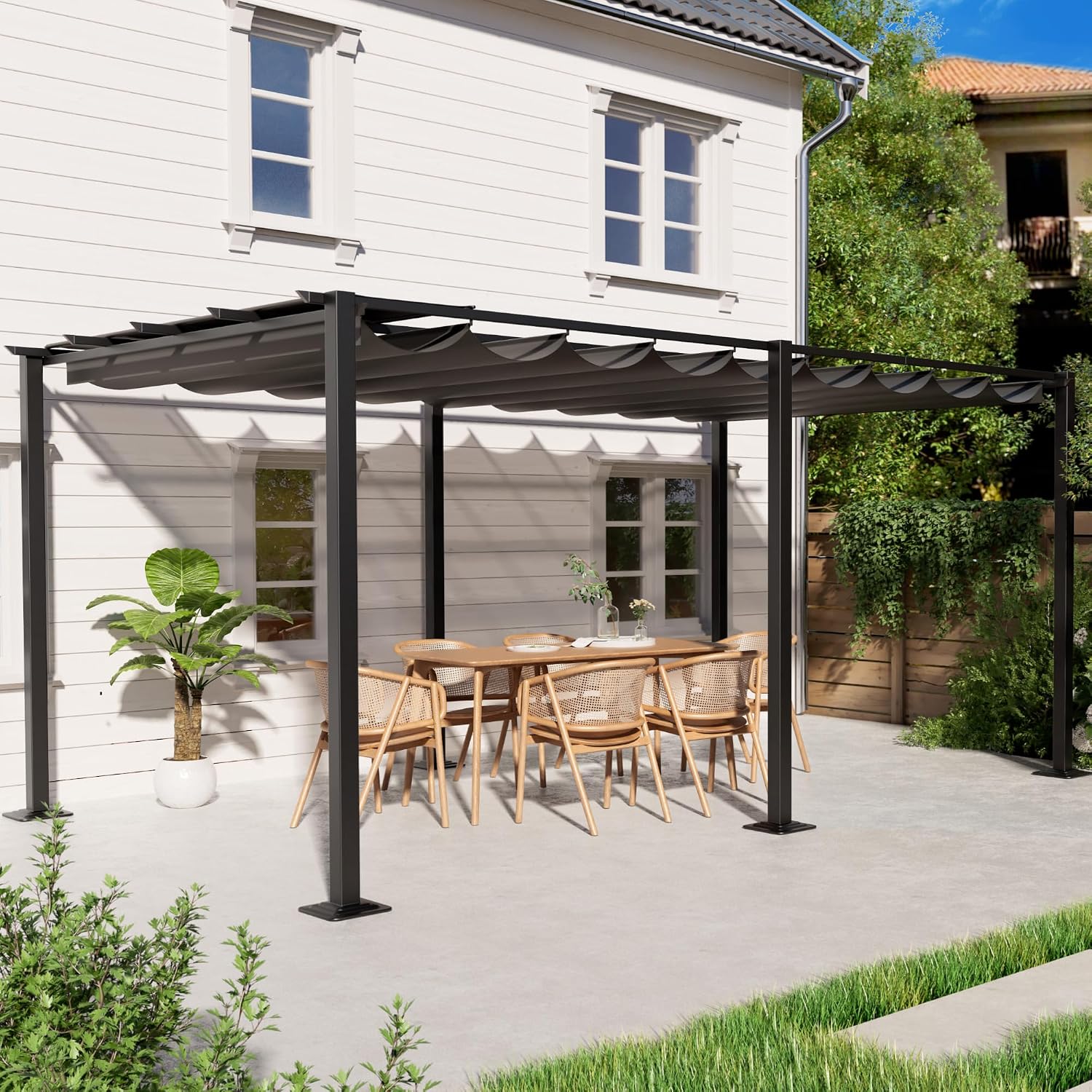 HAPPATIO 12' X 16' Outdoor Pergola Retractable Pergola Canopy for Deck, Backyard, Patio, Aluminum Frame with Sun Canopy, Includes Ground Studs and Expansion Screws (Grey)