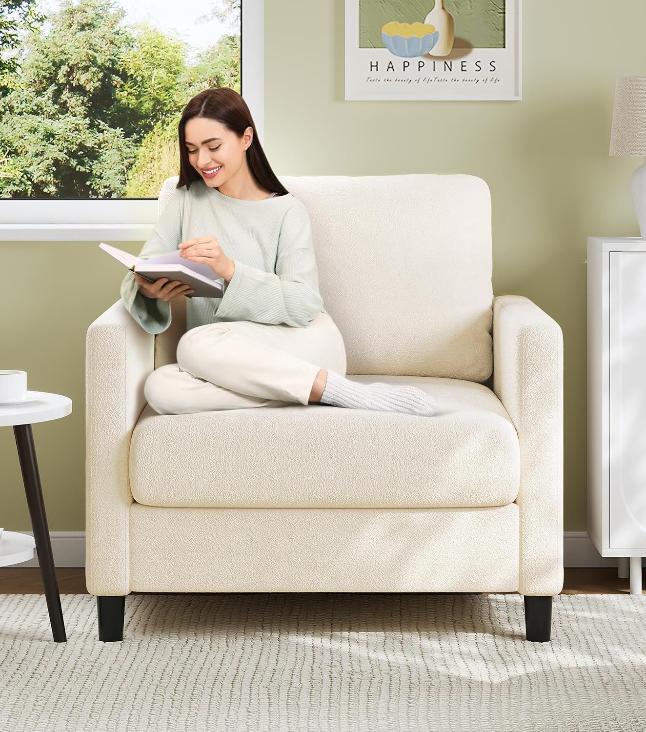 Welzona Sofa Accent Chair, 33' Reading Chair for Bedroom, Tool-Free Setup Living Room Accent Chairs, Comfy Arm Chairs Living Room, All-Wood Reading Nook, Cream White