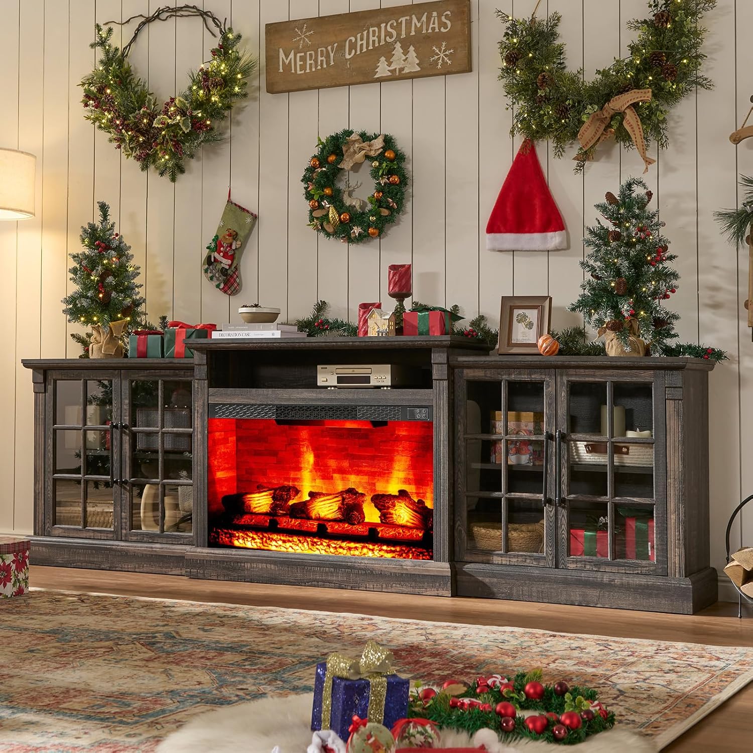AMERLIFE 97' Farmhouse Fireplace TV Stand, Entertainment Center with Large Storage Space and Adjustable Shelf, Media Console for Living Room, Black