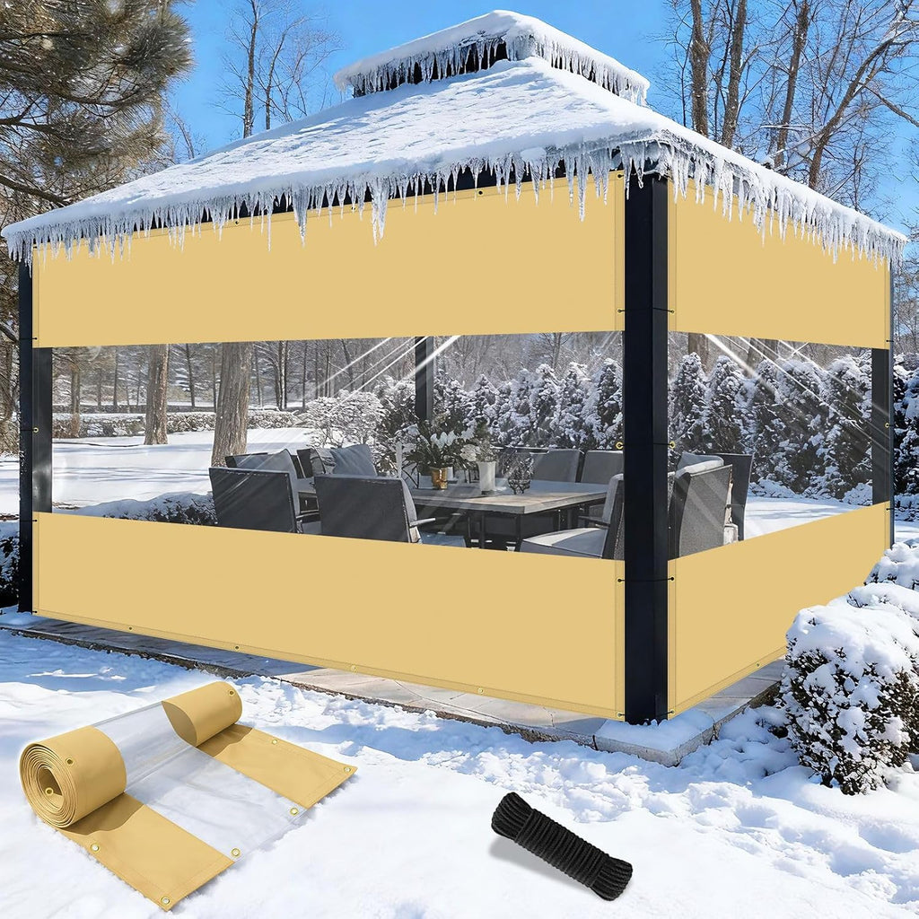 Shade&Beyond Outdoor Vinyl Curtain, 7'W x 17'L Heavy Duty Clear Tarp with Grommets Waterproof, Privacy Clear Panel UV-Resistant for Pergola Gazebos Porch Enclosure Patio(Customized Size, Beige)