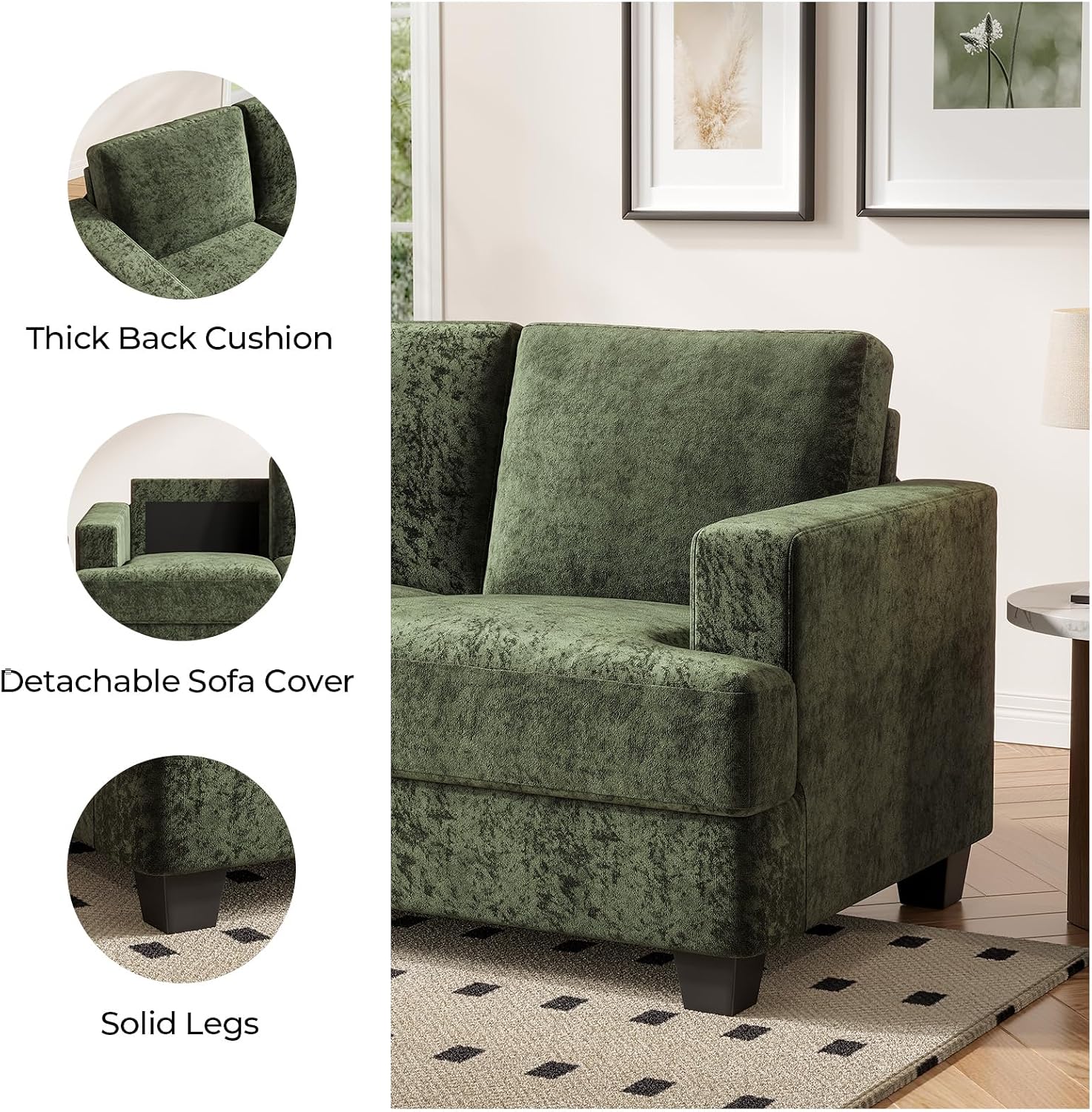 COPIAE 89 Inch Sofa with Extra Deep Seats Oversize,3 Seater Sofa for Living Room, Modern Couch and Sofa, Comfy Armrests and Seats and Backrests, Easy Installation,Chenille Fabric Green