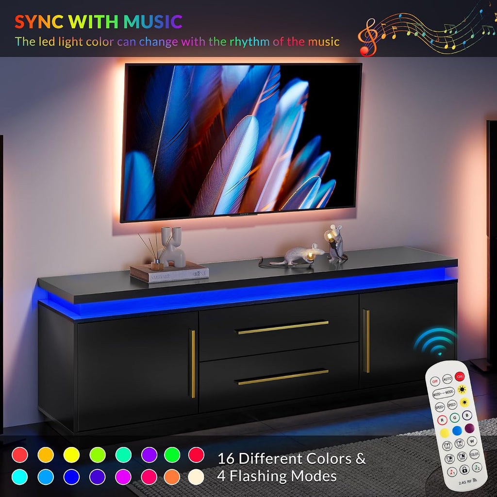 BELLEZE 67' TV Stand for TV up to 75', Modern Entertainment Center with LED Lights Change to Melody of Music, Media Console Table with Cabinets and Drawers for Living Room, Bedroom - Studio (Black)