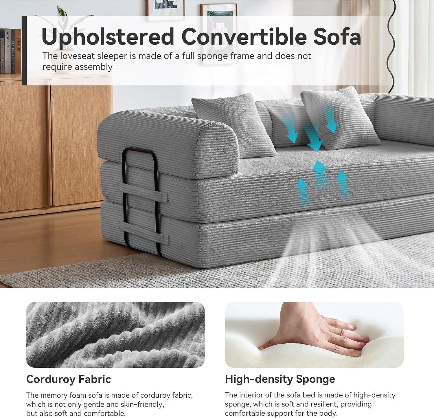 Convertible Sleeper Sofa Bed, Sleeper Sofa with Pillow | Corduroy Fabric | High-Density Sponge | Fixed-Shape Frame, Modular Sofa Bed for Living Room Lounge Studio (Light Grey)
