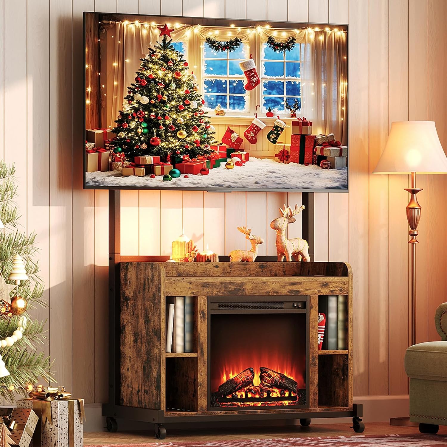 RALGEND Fireplace TV Stand with Mount for 55/60/65/75 inch TVs, Corner Entertainment Center with Power Outlet and 18' Electric Fireplace, Height Adjustable TV Console for Living Room, Rustic and Black