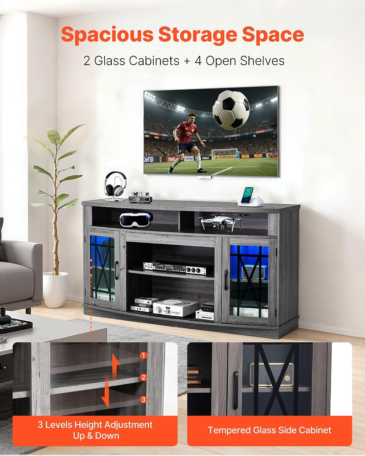 VEVOR Farmhouse TV Stand for 65 inch TVs, LED Entertainment Center with Glass Doors, Rustic Wood TV Cabinet with Adjustable Storage Shelves, Media Console for Living Room, Bedroom, Gray