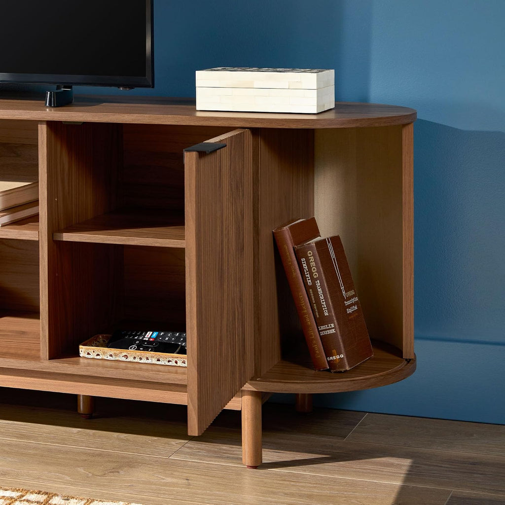 Walker Edison Modern Curved Reeded TV Stand for TVs up to 70 Inches, Credenza with Sliding Doors and Adjustable Shelves, TV Stand with Cord Management Cutout, 70 Inch, Mocha