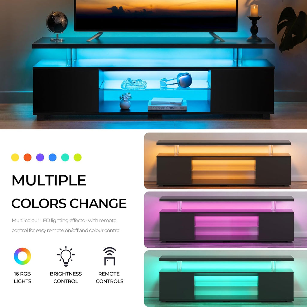Cubehom Black TV Stand 65 inch,LED TV Stand for Living Room,Glass Entertainment Center TV Stand, TV Console Tables for Living Room,Bedroom,Home Office