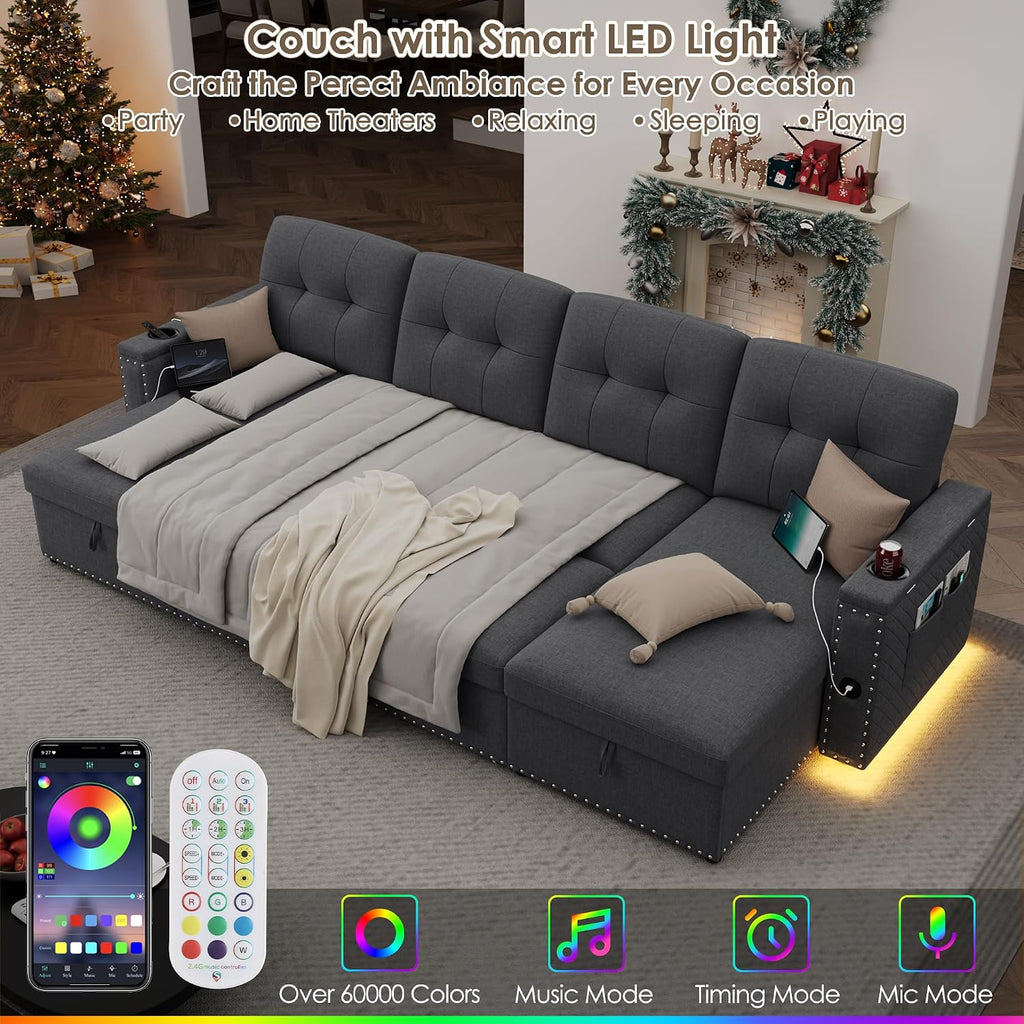 HIFIT 106' Sectional Couches for Living Room- Pull Out Sleeper Sofa Couch w/Storage Chaise,Storage Armrest,LED Light&USB Port&Cupholder, Modern Linen U Shaped Home Sofa Living Room Furniture Set, Grey