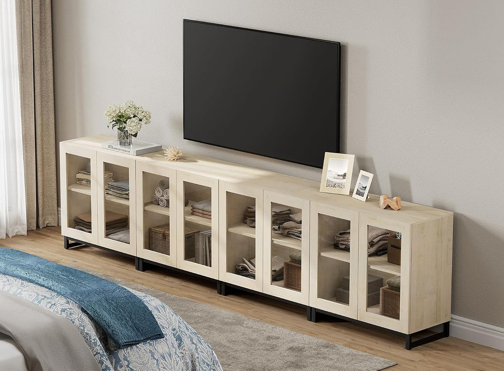 WAMPAT Modern TV Stand with Glass Doors for 80-120 inch TVs, 4 in 1 Entertainment Center Console with Adjustable Shelves and Metal Base for Living Room, Bedroom, Beige