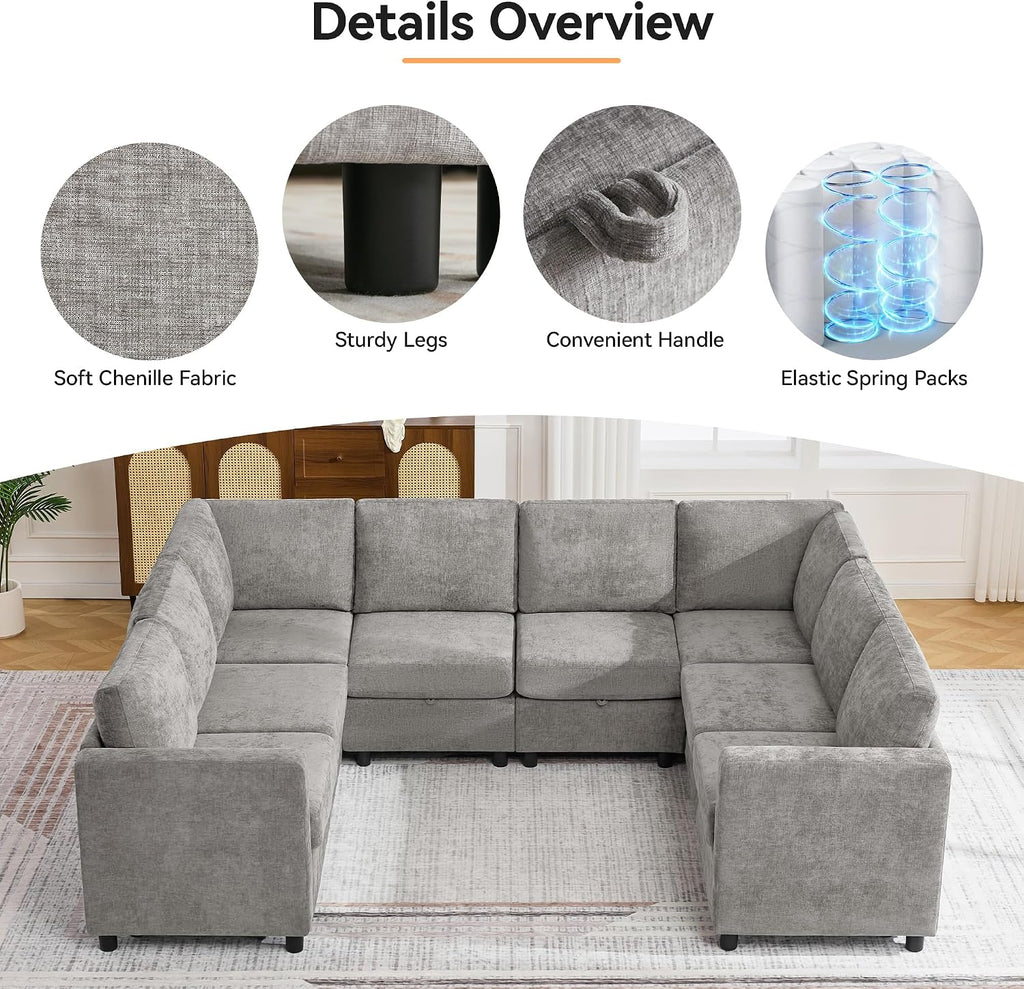 104'' U Shaped Modular Sofa, Sectional Couches with Storage for Living Room, Oversized 8 Seater Cloud Sectional Couch, Chenille Grey