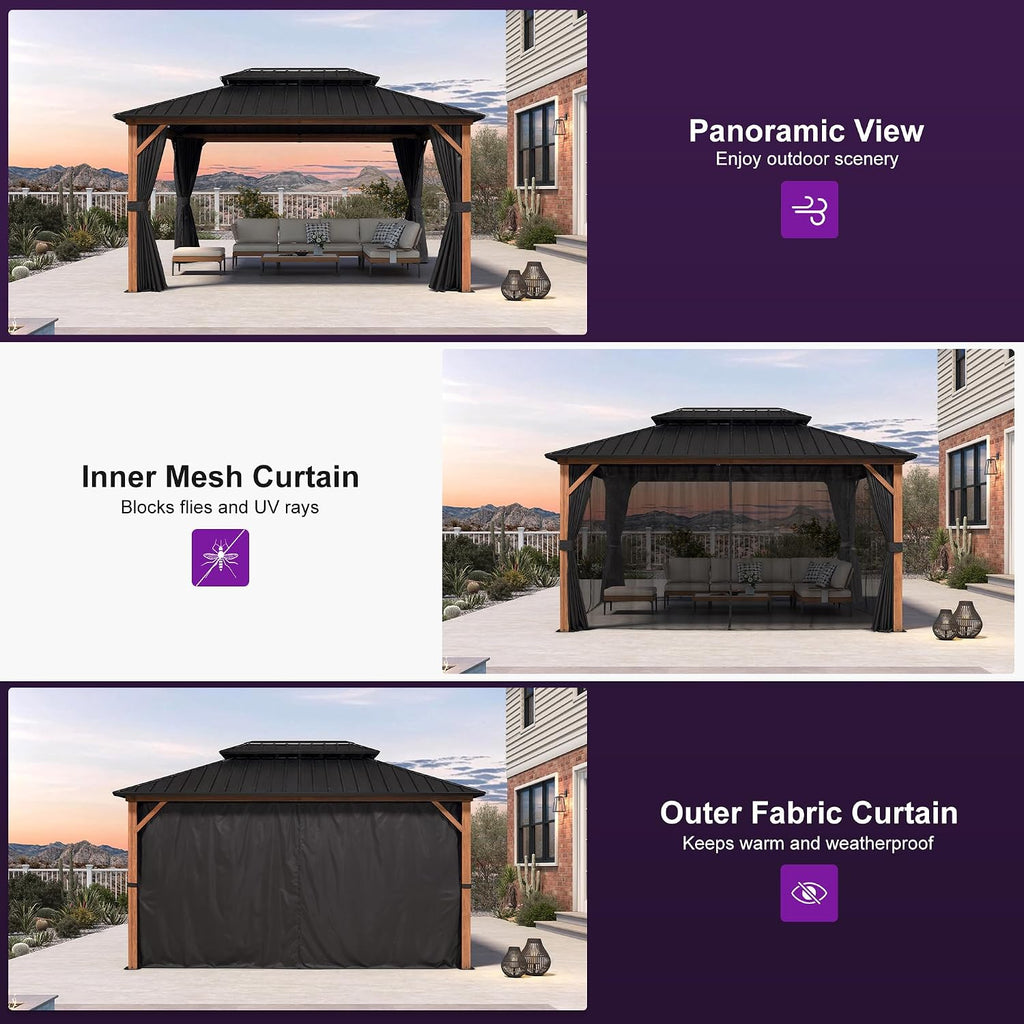 PURPLE LEAF 10' X 14' Hardtop Gazebo Outdoor Wood Grain Aluminum Frame Galvanized Steel Double Roof Gazebos with Netting and Curtains for Patio Deck Backyard Garden