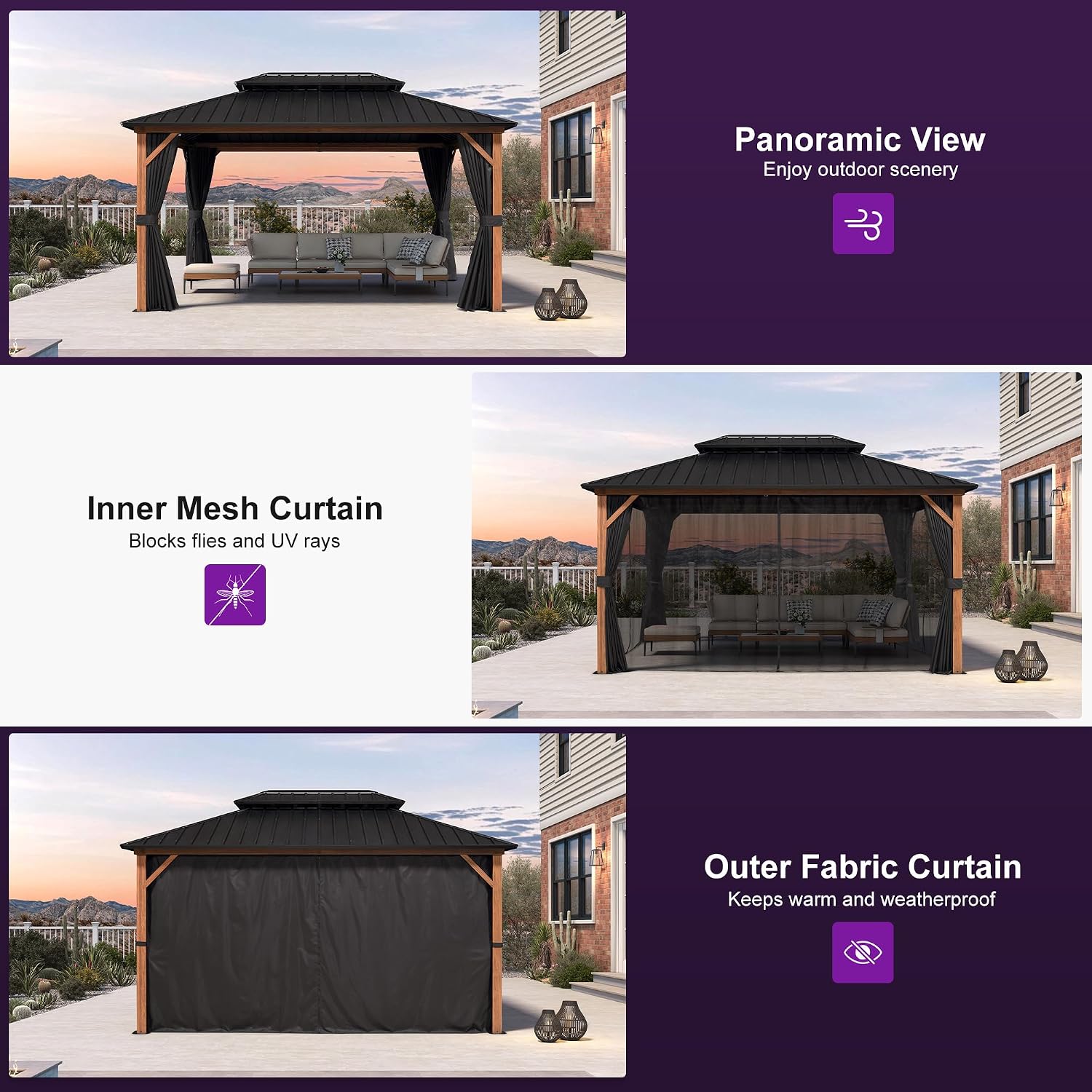 PURPLE LEAF 10' X 14' Hardtop Gazebo Outdoor Wood Grain Aluminum Frame Galvanized Steel Double Roof Gazebos with Netting and Curtains for Patio Deck Backyard Garden