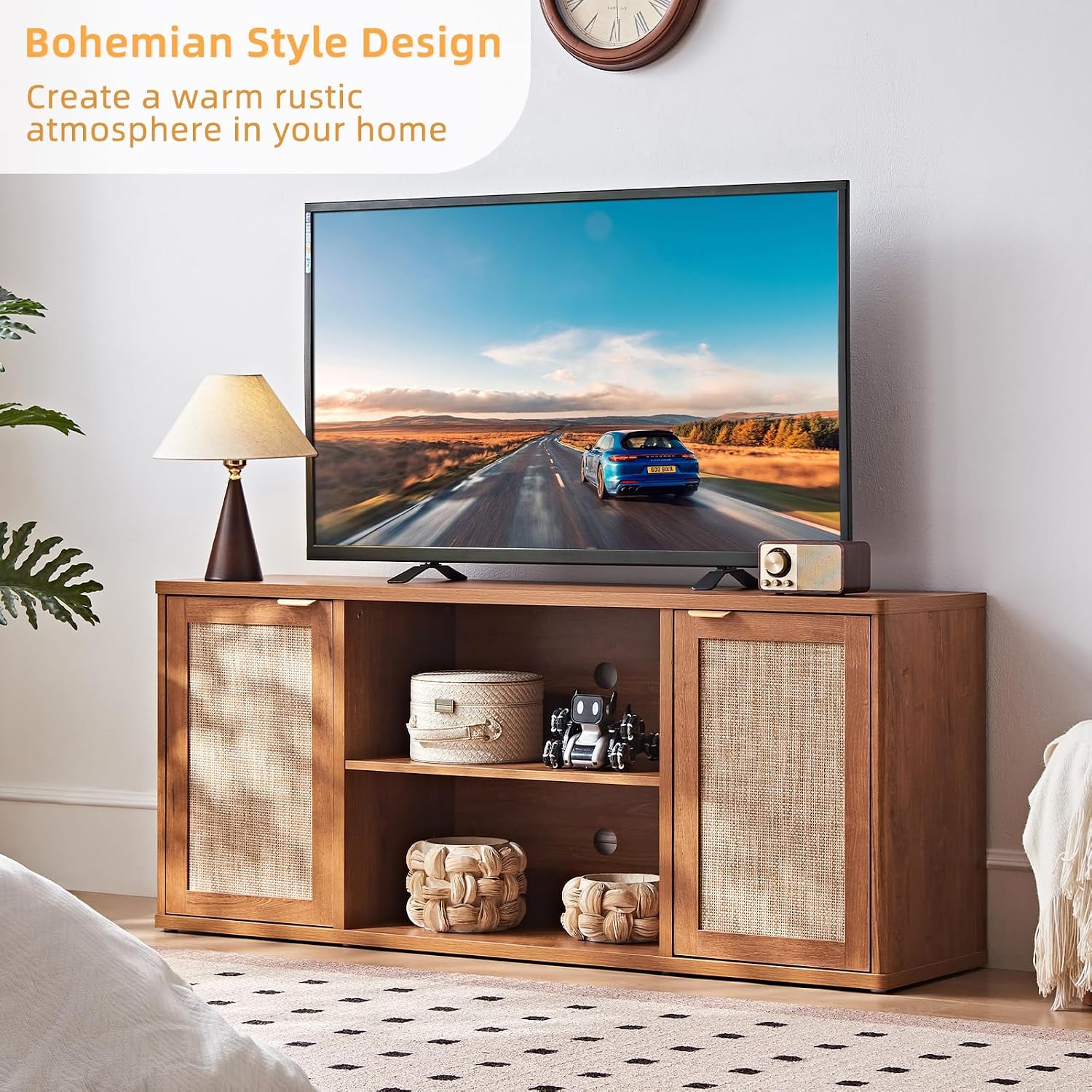 LEYAOYAO Rattan TV Stands for Living Room, Boho TV Cabinet with Storage and Open Shelf, Rustic Wood Entertainment Center, Media Console for 50-65 Inch TV, Tea Brown