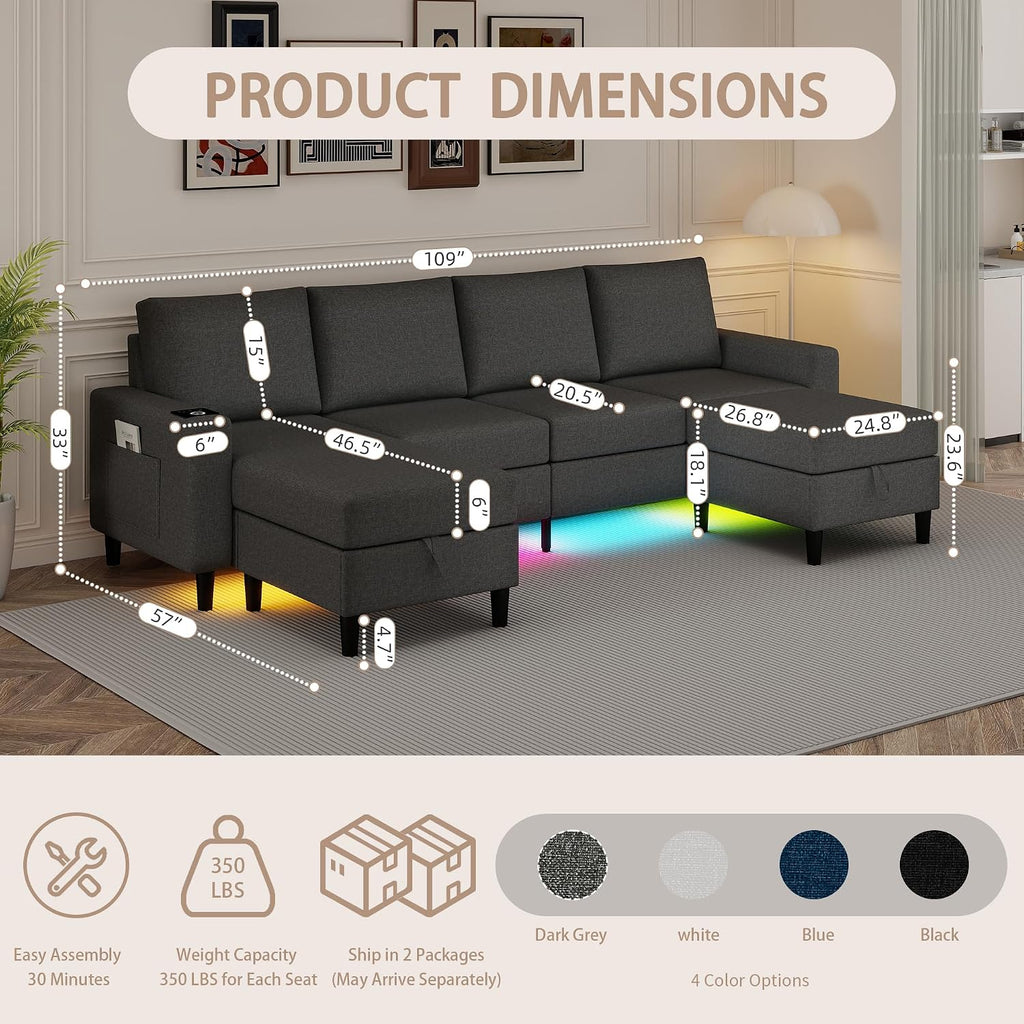 Sectional Couches for Living Room, 109' U Shaped Cloud Couch with Chaise Lounge/Storage Ottoman, 4 Seat Linen Sectional Sofa with Smart Module-Wireless Charging/USB/Type-C/RGB Lights (Dark Grey)