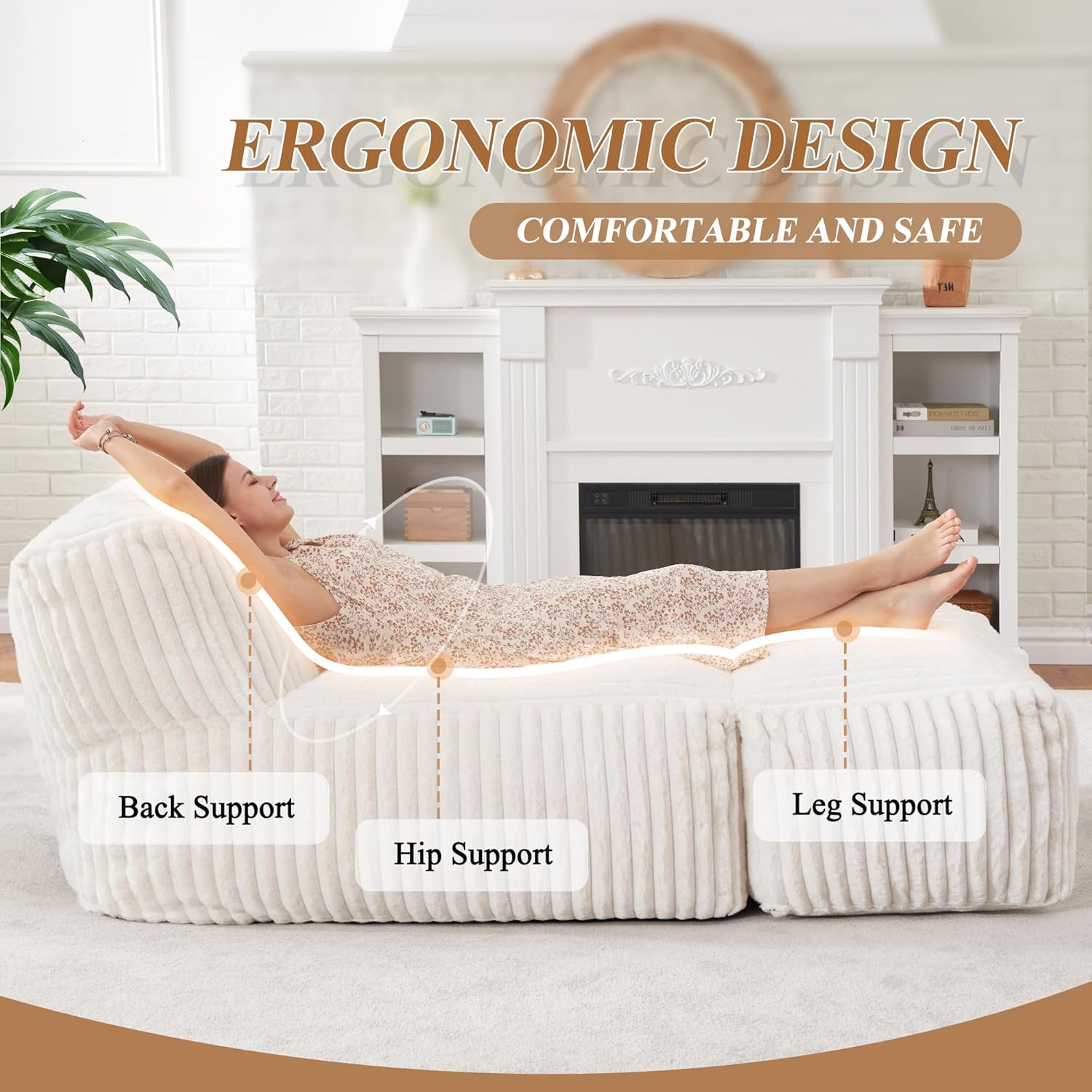 Hobestluk Big Bean Bag Lounger Chairs Large Beanbag Chair for Adults Bean Bag Sofa with Memory Foam Filled for Living Room, Bedroom or Balcony (Stripe White)