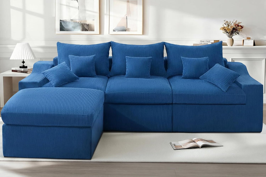 HABUTWAY 104' L Shaped Cloud Sectional Couch, Boneless Modular Sectional Sofa with Deep Seat, Corduroy Couches for Living Room, Modular Couch, No Assembly Required (Blue)