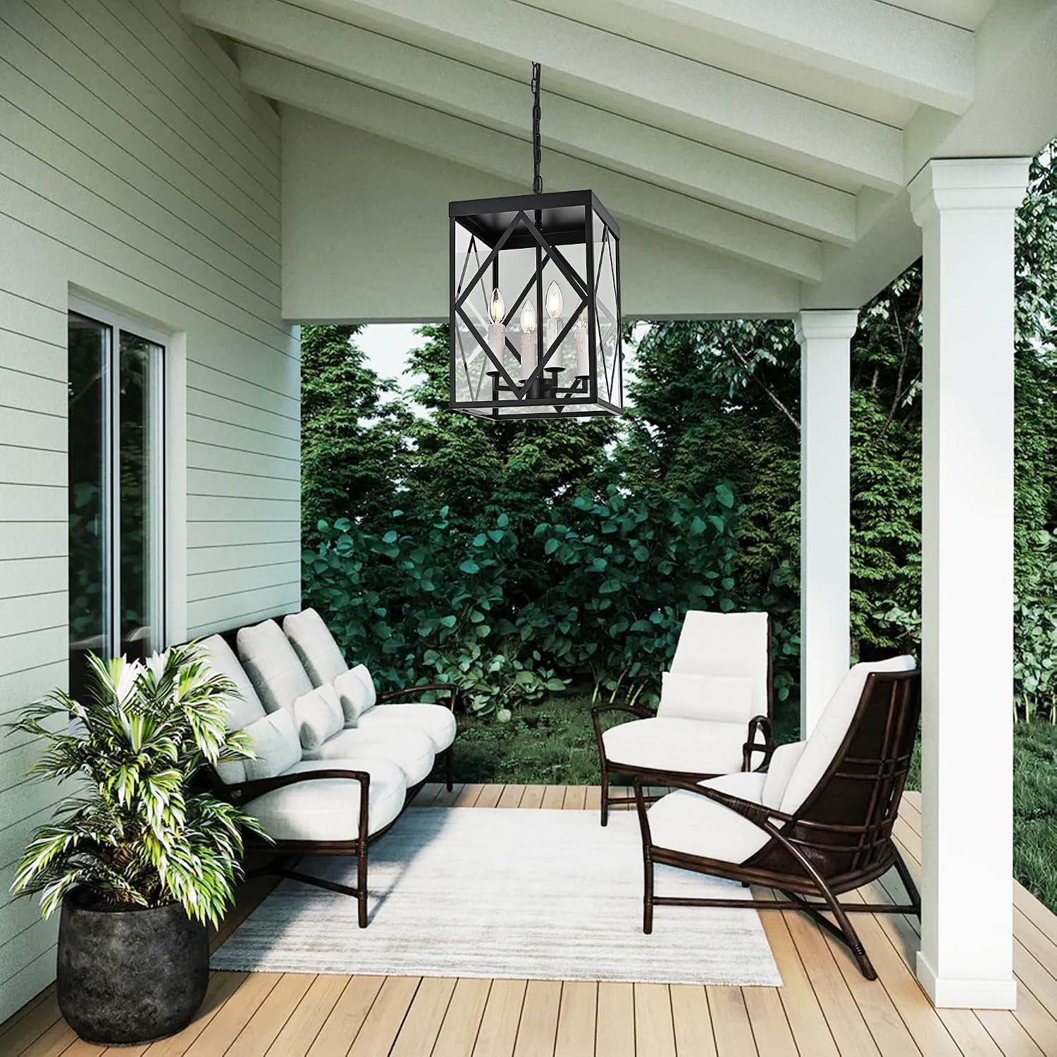 Black Exterior Pendant Lights for Porch with Clear Glass 4 Light Adjustable Hanging Lamp Farmhouse Lantern Porch Light Exterior Chandelier Ceiling Mount for Entrance Patio, White Candle Socket