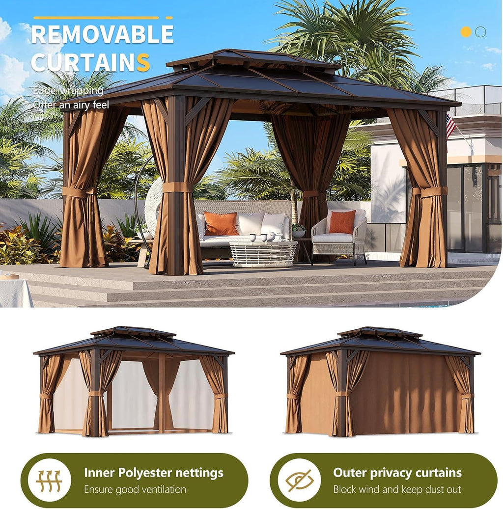Essential for Courtyard Leisure: 10'x14' Brown Double - top Eaves Polycarbonate Sheet Pavilion, with Enclosure Fabric, Mesh Netting and Insect - Proof Net