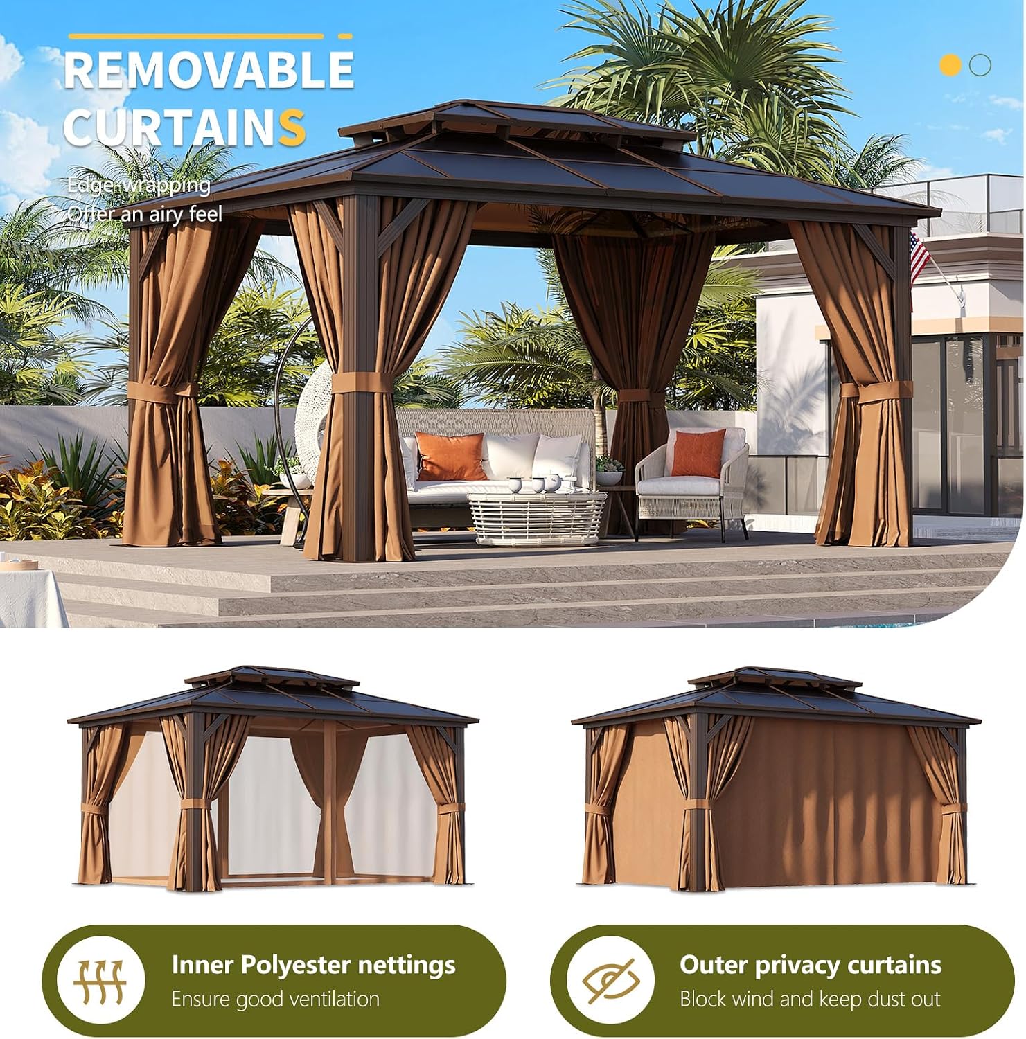 Essential for Courtyard Leisure: 10'x14' Brown Double - top Eaves Polycarbonate Sheet Pavilion, with Enclosure Fabric, Mesh Netting and Insect - Proof Net