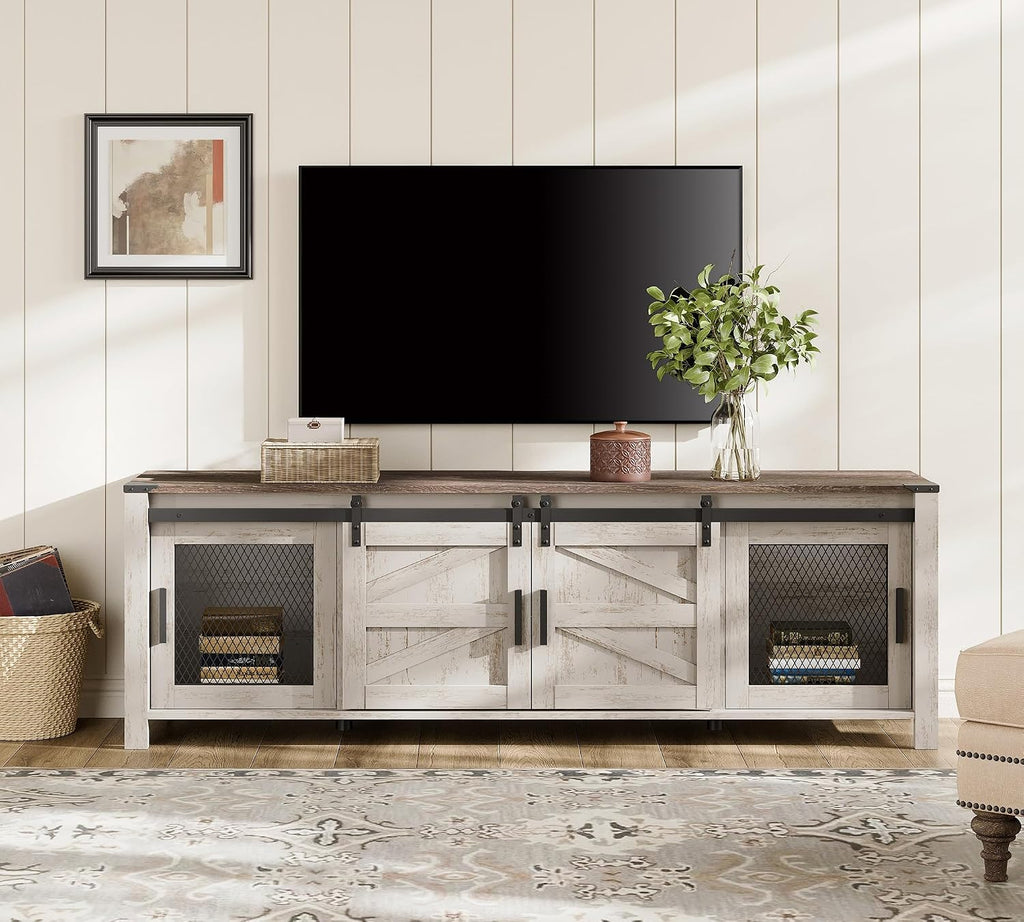 WAMPAT 70' Farmhouse TV Stand with Mesh Doors, Entertainment Center for 75' TV, Adjustable Shelves, 2 Storage Cabinets, Console Table for Living Room, Rustic Oak and White