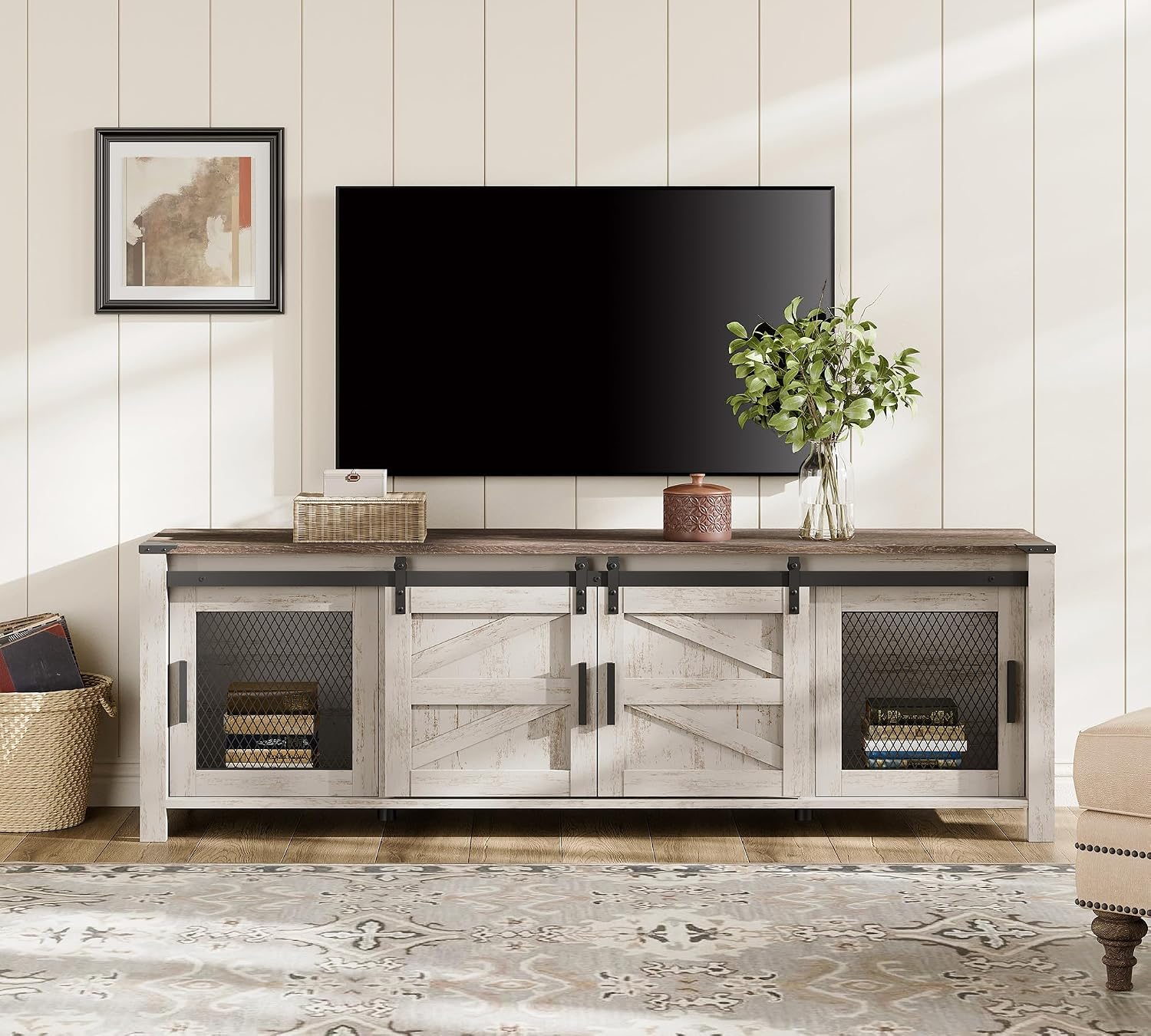 WAMPAT 70' Farmhouse TV Stand with Mesh Doors, Entertainment Center for 75' TV, Adjustable Shelves, 2 Storage Cabinets, Console Table for Living Room, Rustic Oak and White