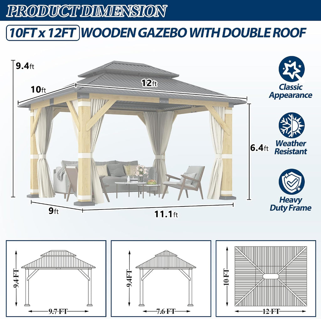COVERONICS 10FT x 12FT Outdoor Wood Gazebo - Galvanized Steel Hardtop Gazebo with Heavy-Duty Double Roof, Patio Wooden Gazebo for Garden with Netting & Curtains, Poolside, Deck, Backyard