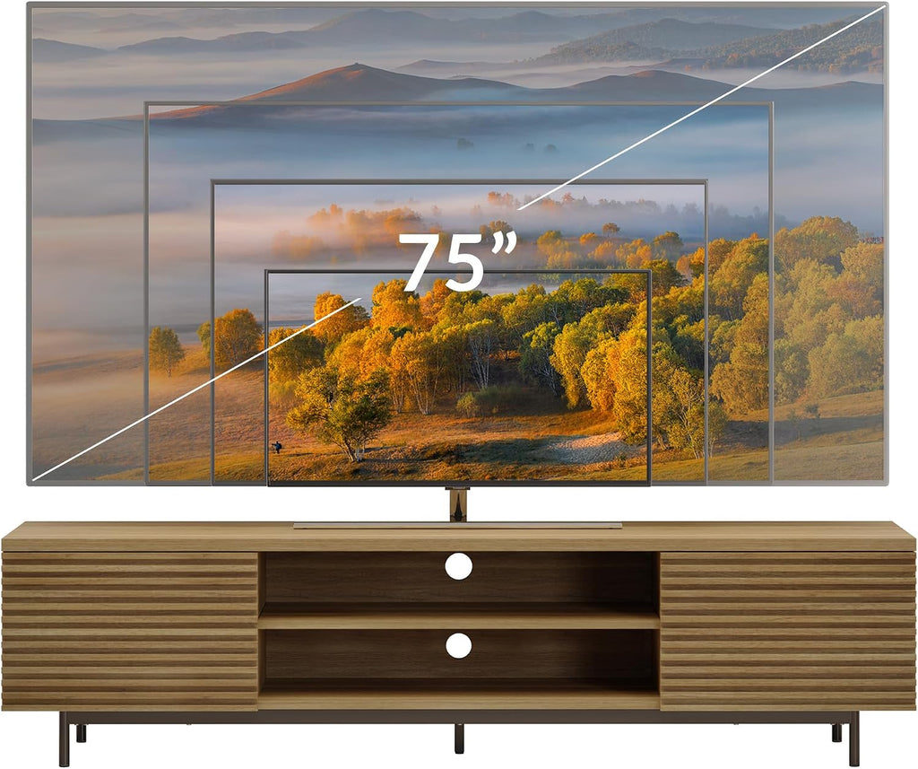 BELLEZE Fluted TV Stand for TV up to 75', Modern Entertainment Center with Storage Media Console Table with Cable Management, Wood TV Cabinet for Home Living Room Bedroom(Camel), 68'x15.6'x17.2'