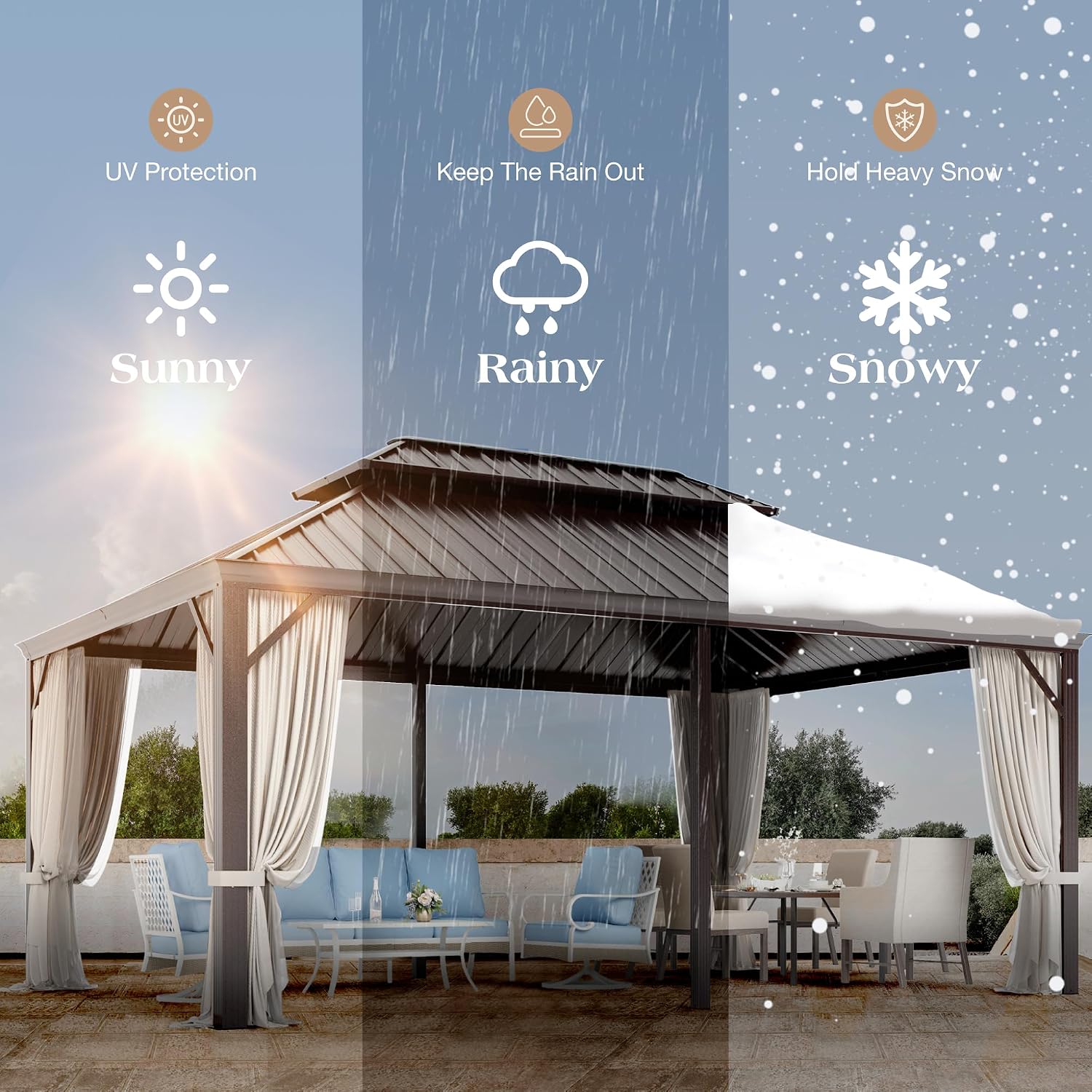 12'x18' Hardtop Aluminum Gazebo, Permanent Outdoor Canopy with Galvanized Steel Double Roof Heavy Duty Pavilion with Curtains and Netting for Garden Patio Lawn Deck