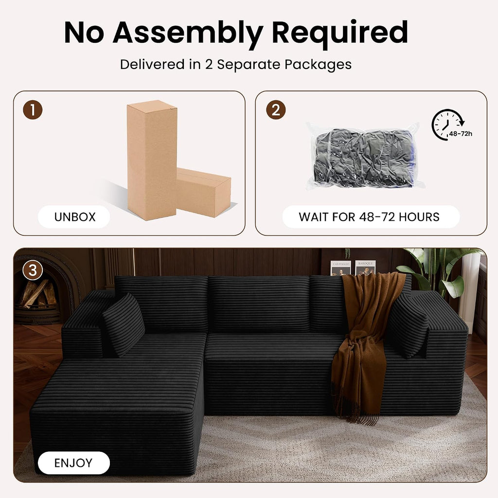 106' Cloud Sectional Boneless Couches for Living Room, Modular L Shaped Couch with Deep Seat Oversized Left Facing Chaise, Memory Foam Compressed Spineless 3 Seater Sofa for Bedroom Apartment, Black