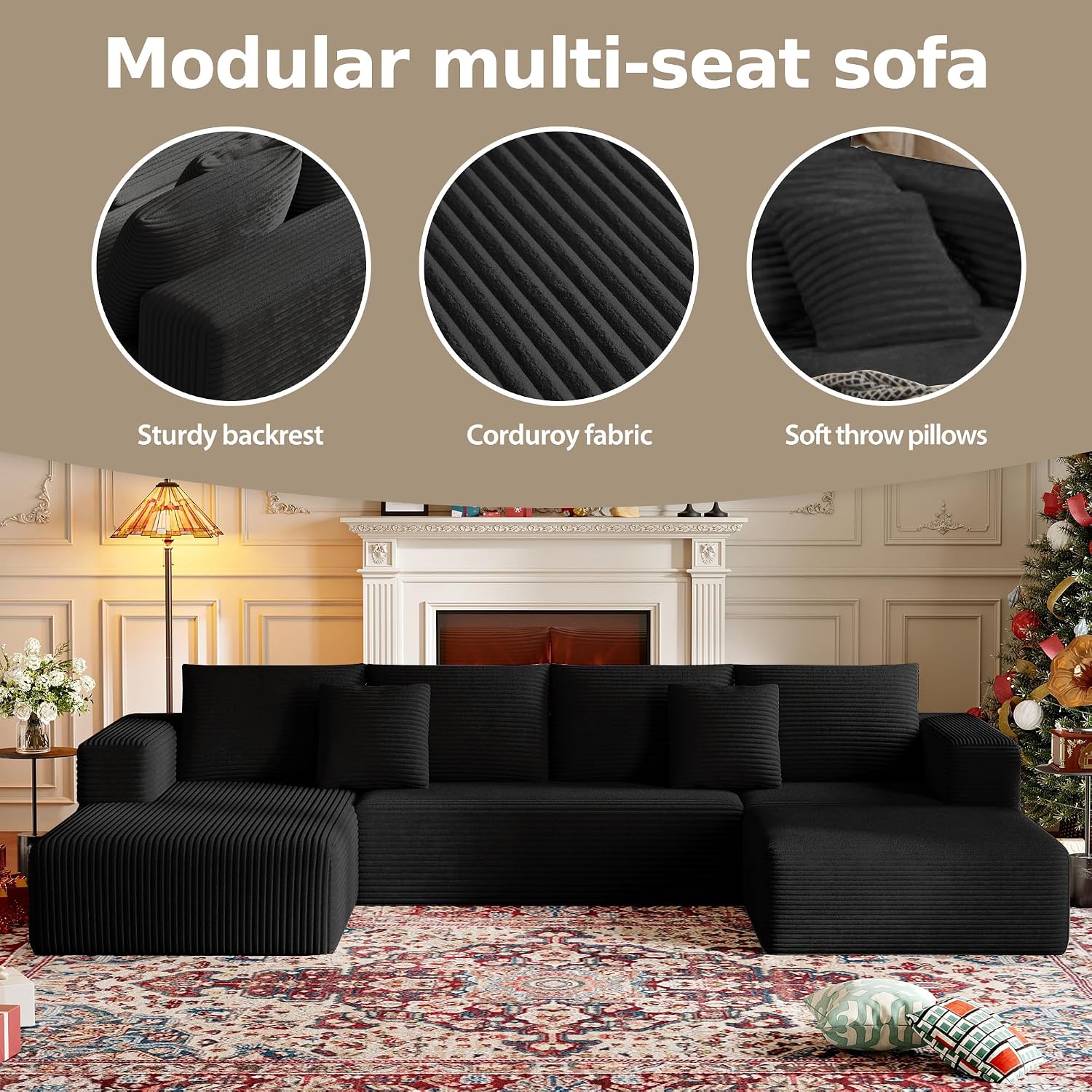 CHORRO134.6''Sectional Boneless Couch for Livingroom,Modular Corduroy Cloud Couch, U-Shaped Sofa with Chaise and Pillows,4-Deep Seat Sectional Sofa with 1 Ottoman,(Black,Left Chaise)