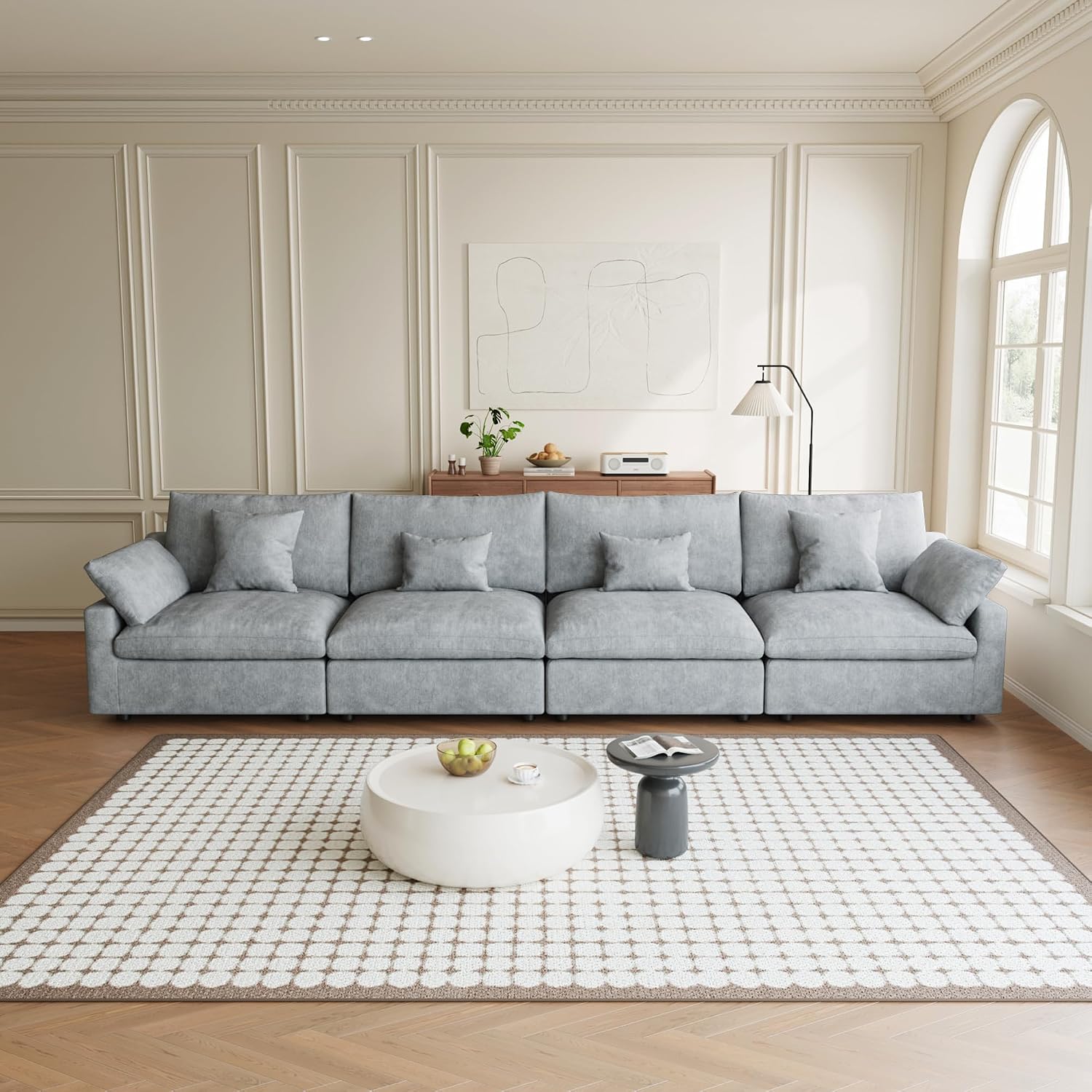 Modular Sectional Sofa Cloud Couch, 155.9' Oversized 4 Seater Sofa Couch with Pillows, Linen Blend Fabric Minimalist Deep Seat Couches for Living Room, Sofa Covers Washable&Removable, Grey