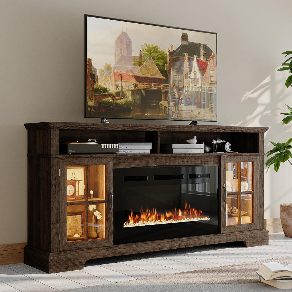 70' Farmhouse TV Stand with 36' Fireplace for TVs up to 80', Media Entertainment Center with Adjustable Shelves and Large Storage Cabinets, for Living Room, Brown & Black