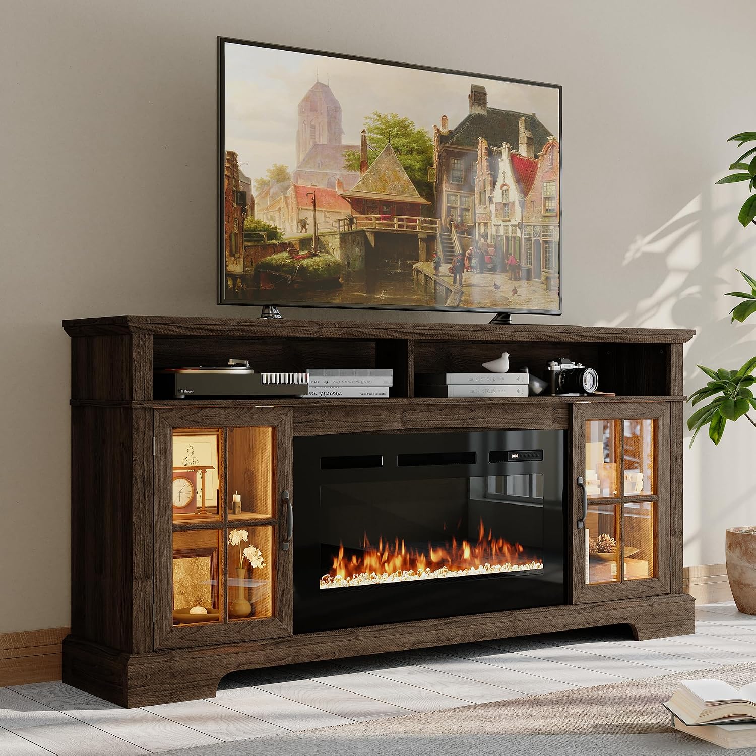 70' Farmhouse TV Stand with 36' Fireplace for TVs up to 80', Media Entertainment Center with Adjustable Shelves and Large Storage Cabinets, for Living Room, Brown & Black