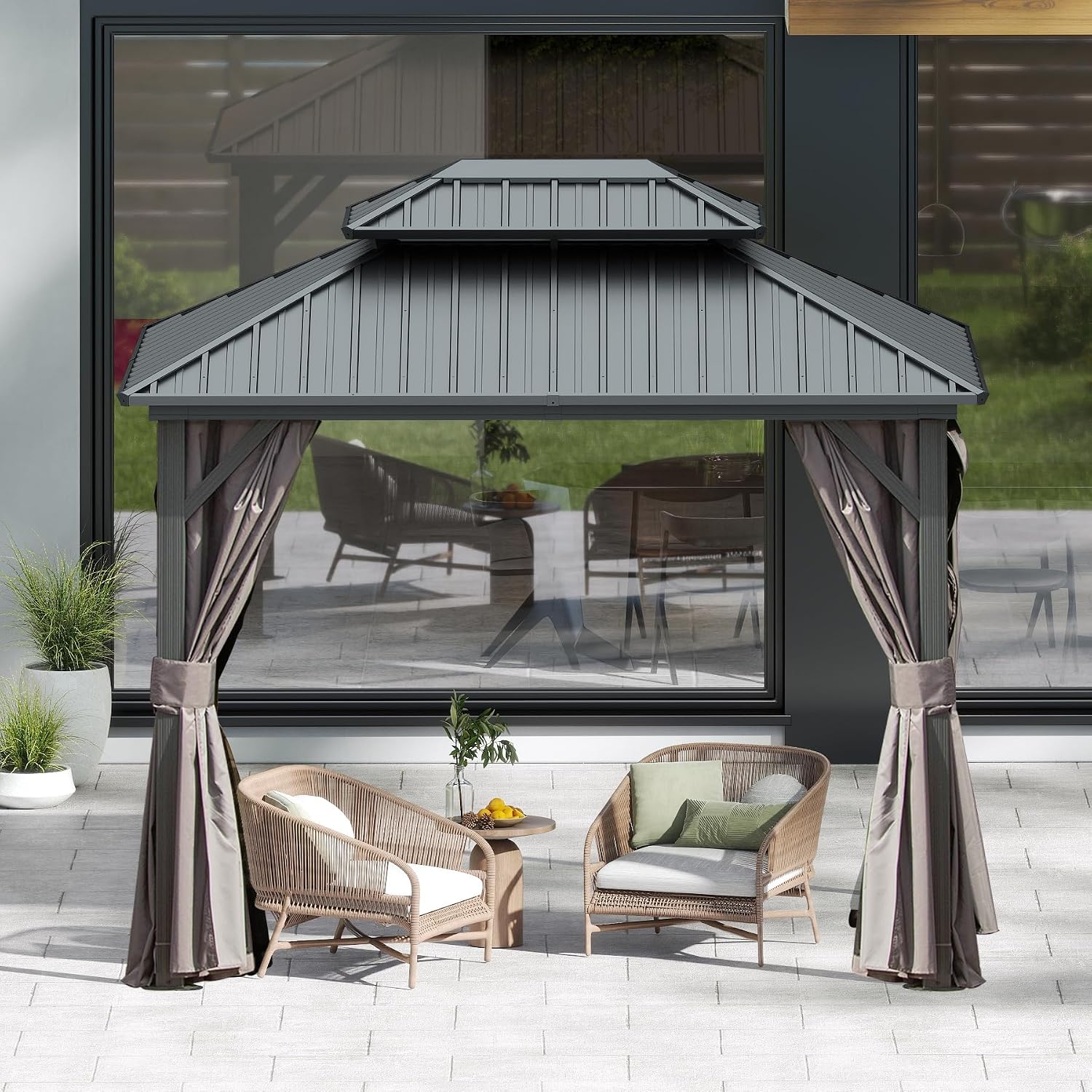 Domi 8' X 10' Hardtop Gazebo Canopy with Netting & Curtains, Outdoor Metal Gazebo with Galvanized Steel Double Roof for Patio Lawn and Garden, Gray